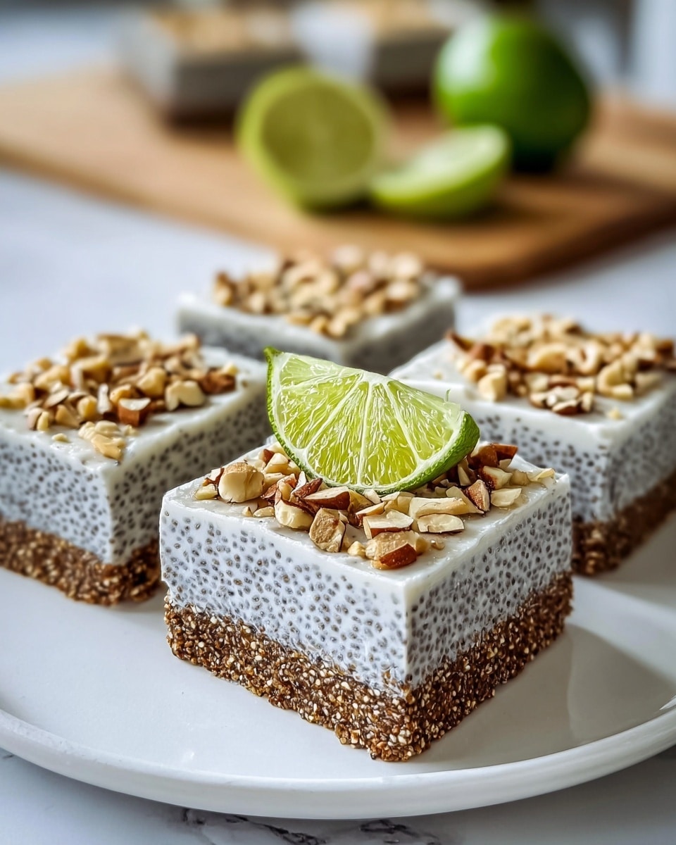 Four square chia pudding bars are arranged on a white plate sitting on a white marbled surface. Each bar has two layers: a bottom layer that is brown and textured like a nutty, oat crust, and a top layer that is creamy and white with small black chia seeds spread evenly throughout. On top of each bar, there are small chopped nuts sprinkled, adding a rough texture, and a fresh green lime wedge placed in the center. The background shows a blurred lime and kitchen items. Photo taken with an iphone --ar 4:5 --v 7