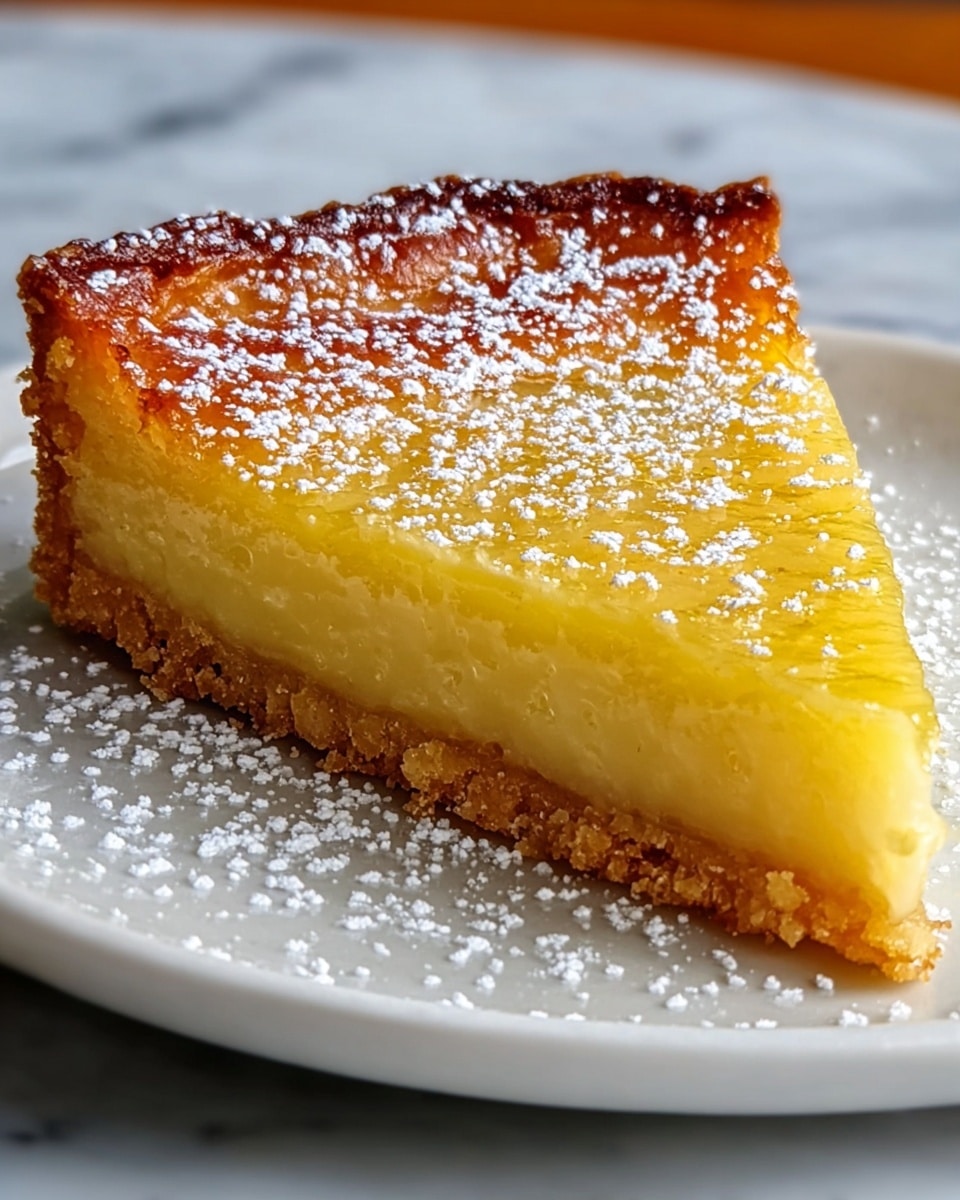 A slice of lemon tart sits on a white plate with a white marbled texture underneath. The tart has three distinct layers: a golden-brown, crumbly crust at the bottom, a thick, smooth, and glossy pale yellow lemon filling in the middle, and a slightly darker yellow, shiny top layer sprinkled with fine white powdered sugar. The edges of the tart are raised and browned, giving it a crisp look. Photo taken with an iphone --ar 4:5 --v 7