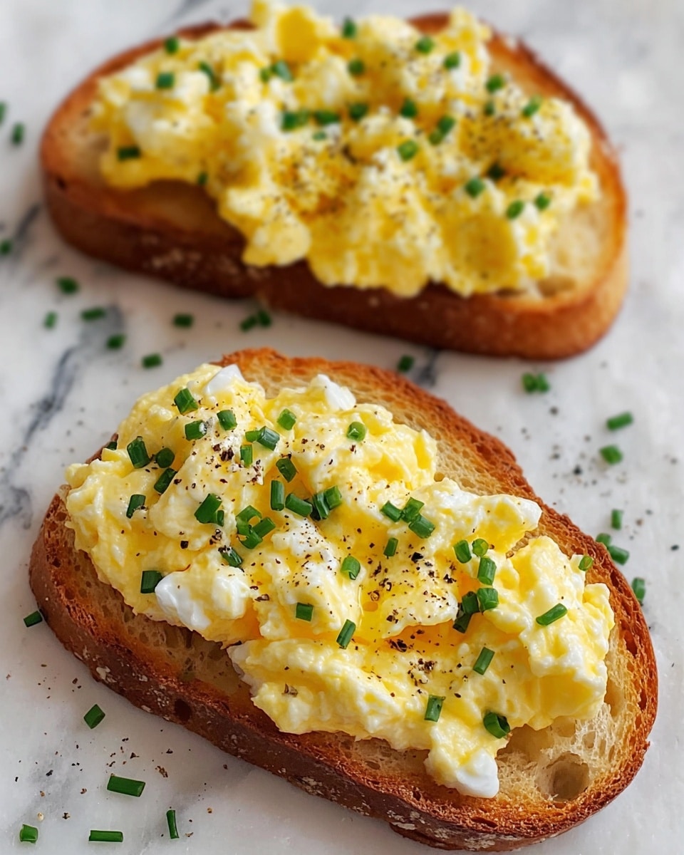 Two slices of toasted bread with a crispy golden-brown crust sit on a white marbled surface layered with soft, creamy scrambled eggs that are pale yellow with white patches. The eggs are topped with small, fresh green chive pieces scattered evenly over both slices, adding a pop of color. The texture of the eggs looks light and slightly fluffy with some black pepper sprinkled on top. Photo taken with an iphone --ar 4:5 --v 7
