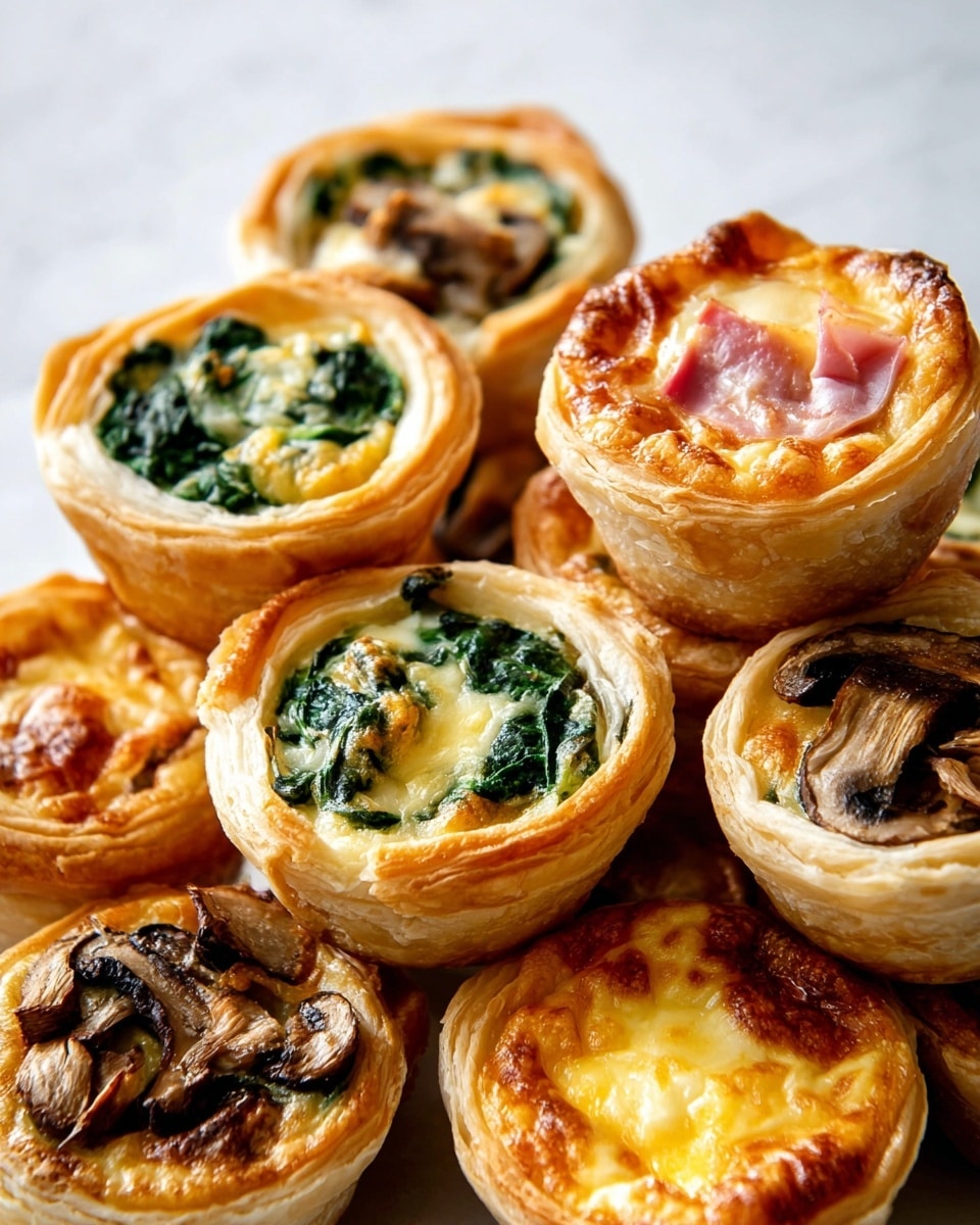A pile of small, round puff pastry cups with three different fillings is stacked closely together. Each pastry has a light golden-brown, flaky crust forming the base and sides, about two layers thick. One filling shows cooked spinach with a rich, melted cheese on top, dark green leaves contrasting with creamy yellow cheese in the center of the pastry. Another filling features sautéed mushrooms with warm brown caps and light yellow melted cheese filling the shell evenly. The last filling has pieces of pink ham embedded in pale yellow baked egg custard that has a glossy finish. The pastries are arranged on a white marbled surface, with soft natural light highlighting their textures. Photo taken with an iphone --ar 4:5 --v 7
