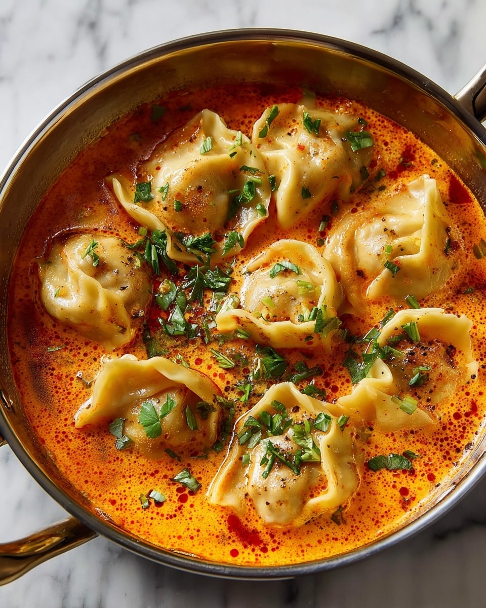 A close-up view of a metal pan filled with eight dumplings immersed in a bright orange-red creamy sauce, the dumplings have a soft, slightly browned surface with chewy, folded edges. Green chopped herbs are sprinkled generously on top, adding a fresh contrast to the warm colors of the sauce and dumplings. The pan sits on a white marbled texture, and the sauce looks rich with an oily sheen and specks of seasoning visible throughout. photo taken with an iphone --ar 4:5 --v 7