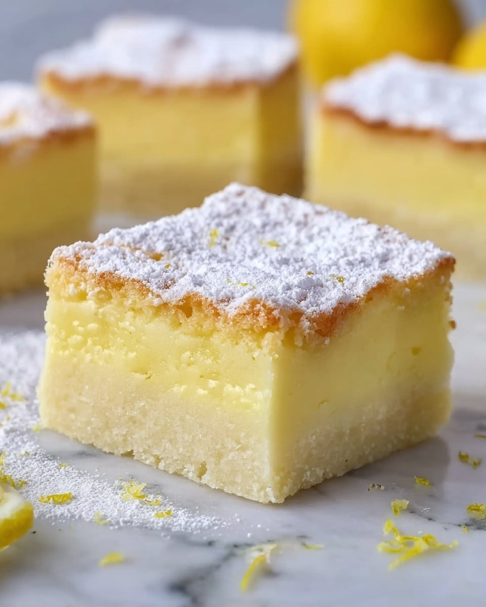 The image shows a thick, square lemon bar with two visible layers: a dense, smooth, pale yellow bottom layer and a fluffy, lighter yellow top layer with a slightly browned crust. The top is covered with a dusting of white powdered sugar, giving it a soft, snowy texture. The lemon bar sits on a white marbled surface, with small crumbs and bits of lemon zest scattered around. In the background, there are several more lemon bars, slightly out of focus, displaying the same layers and texture. Photo taken with an iphone --ar 4:5 --v 7