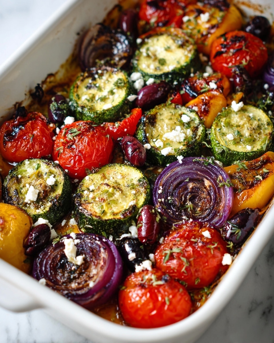 The image shows a white rectangular baking dish filled with roasted vegetables in close-up. There are three main layers to the dish: the bottom layer consists of a glossy, slightly oily mix where the vegetables sit; the middle layer holds thick, round slices of green zucchini with charred grill marks, halved red and yellow tomatoes with wrinkled skin, and thick wedges of purple onion, all roasted to a caramelized finish; scattered throughout are dark purple olives adding texture and contrast. The top layer is sprinkled with small white crumbles of feta cheese and some finely chopped green herbs for a fresh look. The colors are vibrant with red, green, yellow, purple, and white all visible, while the textures vary from soft roasted to slightly crispy edges. The scene is set against a white marbled surface. photo taken with an iphone --ar 4:5 --v 7