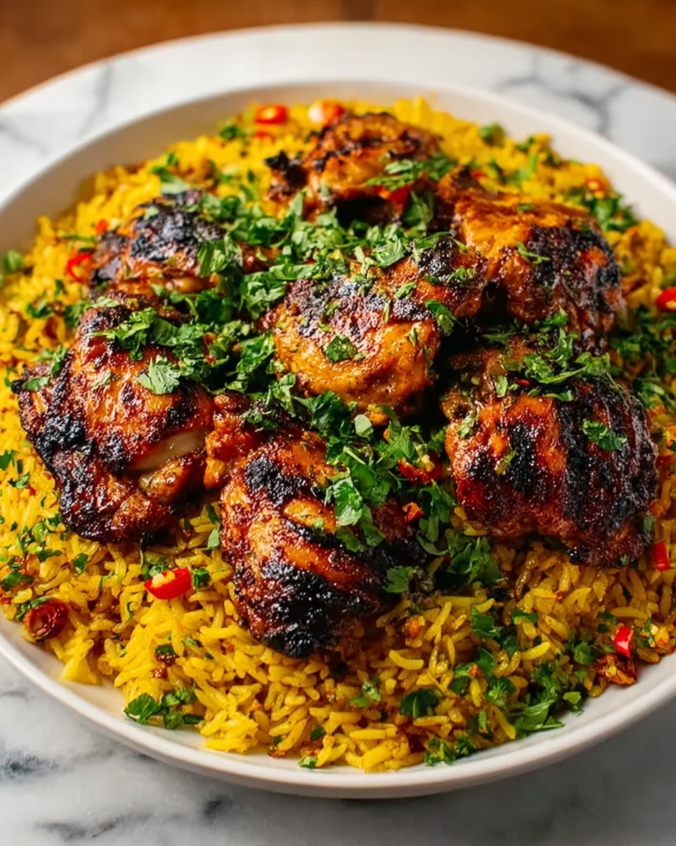 A white plate holds a bed of yellow rice mixed with small bits of red chili and sprinkled with chopped green herbs, adding texture and color. On top, there are four pieces of grilled chicken thighs with char marks, showing a mix of golden brown and blackened edges. The chicken is garnished with more chopped green herbs, creating a fresh contrast. The dish is set on a white marbled surface. photo taken with an iphone --ar 4:5 --v 7