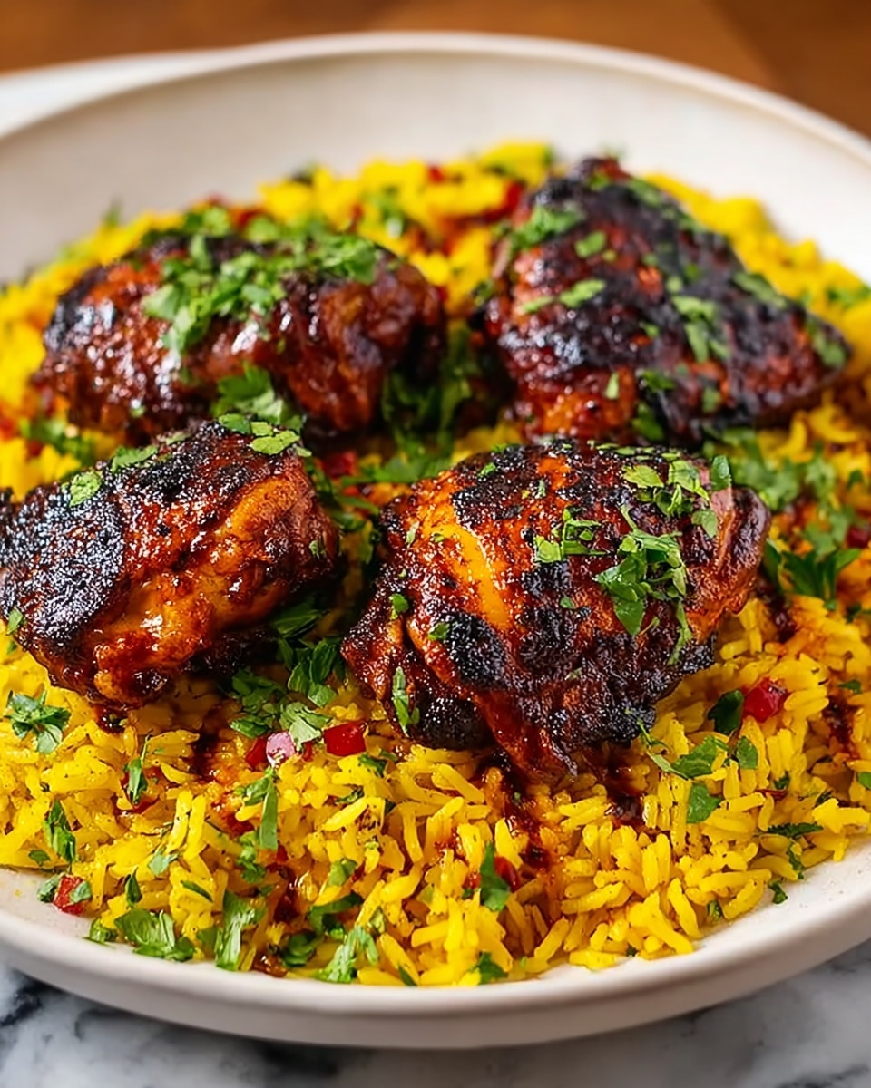 The dish shows a white deep plate filled with a base layer of bright yellow rice mixed with small red pieces and sprinkled with chopped green herbs, creating a colorful contrast. On top of the rice, there are four pieces of grilled chicken thigh with a crispy, dark brown charred outer skin covered in a glossy sauce and garnished with fresh green chopped herbs. The plate is set on a white marbled surface, giving a clean and simple look. photo taken with an iphone --ar 4:5 --v 7