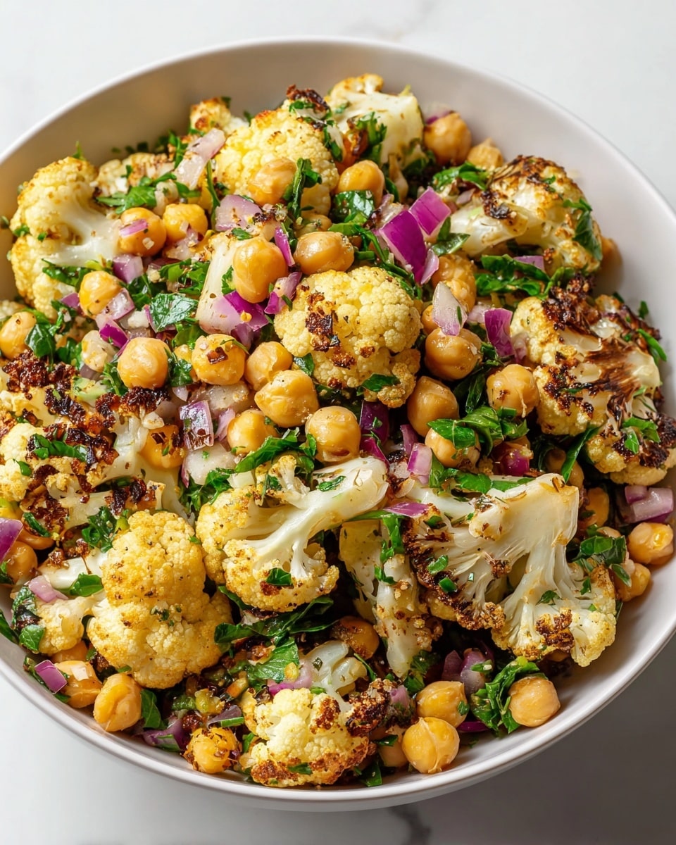 A white bowl filled with a roasted cauliflower and chickpea salad shows about three visible layers: the main layer of golden-brown roasted cauliflower florets with charred edges, round tan chickpeas scattered evenly throughout, and small pieces of vibrant green chopped herbs mixed together. There are also bits of finely chopped purple onions spread across the salad, adding pops of color. The textures vary from soft chickpeas to slightly crispy cauliflower, all appearing well-coated in a light dressing that adds a subtle shine. The bowl sits on a white marbled surface. photo taken with an iphone --ar 4:5 --v 7