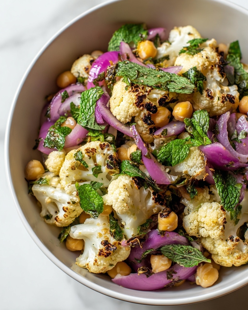 A bowl filled with a salad showing about three layers: the bottom layer has white cauliflower florets with charred brown spots, the middle layer contains round, light beige chickpeas, and the top layer has thin slices of purple-red onions mixed with bright green mint leaves and chopped herbs. All ingredients are mixed, giving a fresh, colorful, and textured look. The bowl is white, and the background is a white marbled texture. photo taken with an iphone --ar 4:5 --v 7