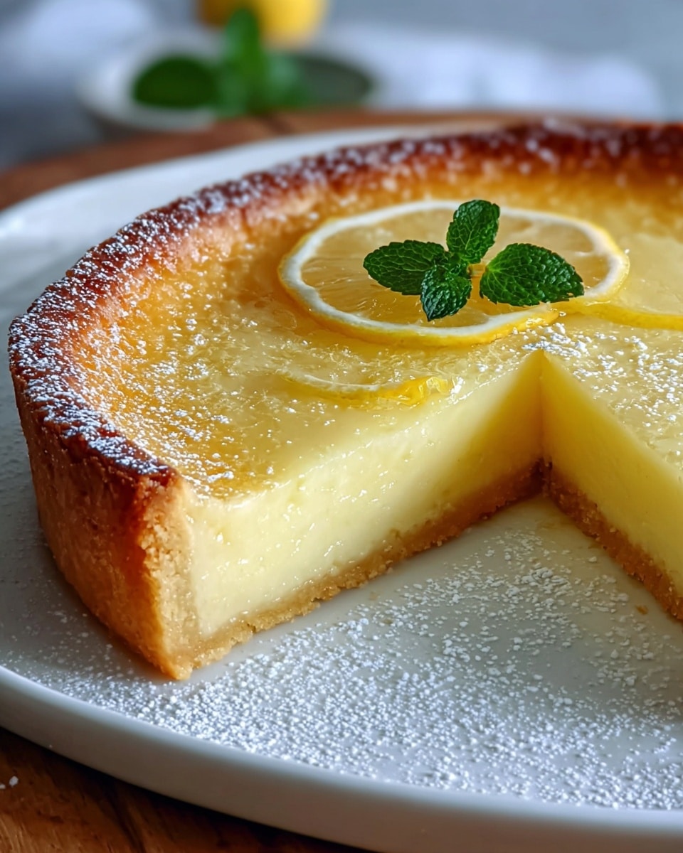 A slice of lemon tart is cut and slightly pulled out on a white plate, showing two layers: a thick golden-brown crust on the bottom and sides, and a smooth pale yellow lemon filling on top. The filling has a shiny, slightly textured surface with a golden-brown edge. Two thin lemon slices and two small green mint leaves sit neatly in the center of the tart. The white plate is lightly dusted with powdered sugar. The plate is on a wooden surface with a soft, blurred background. photo taken with an iphone --ar 4:5 --v 7