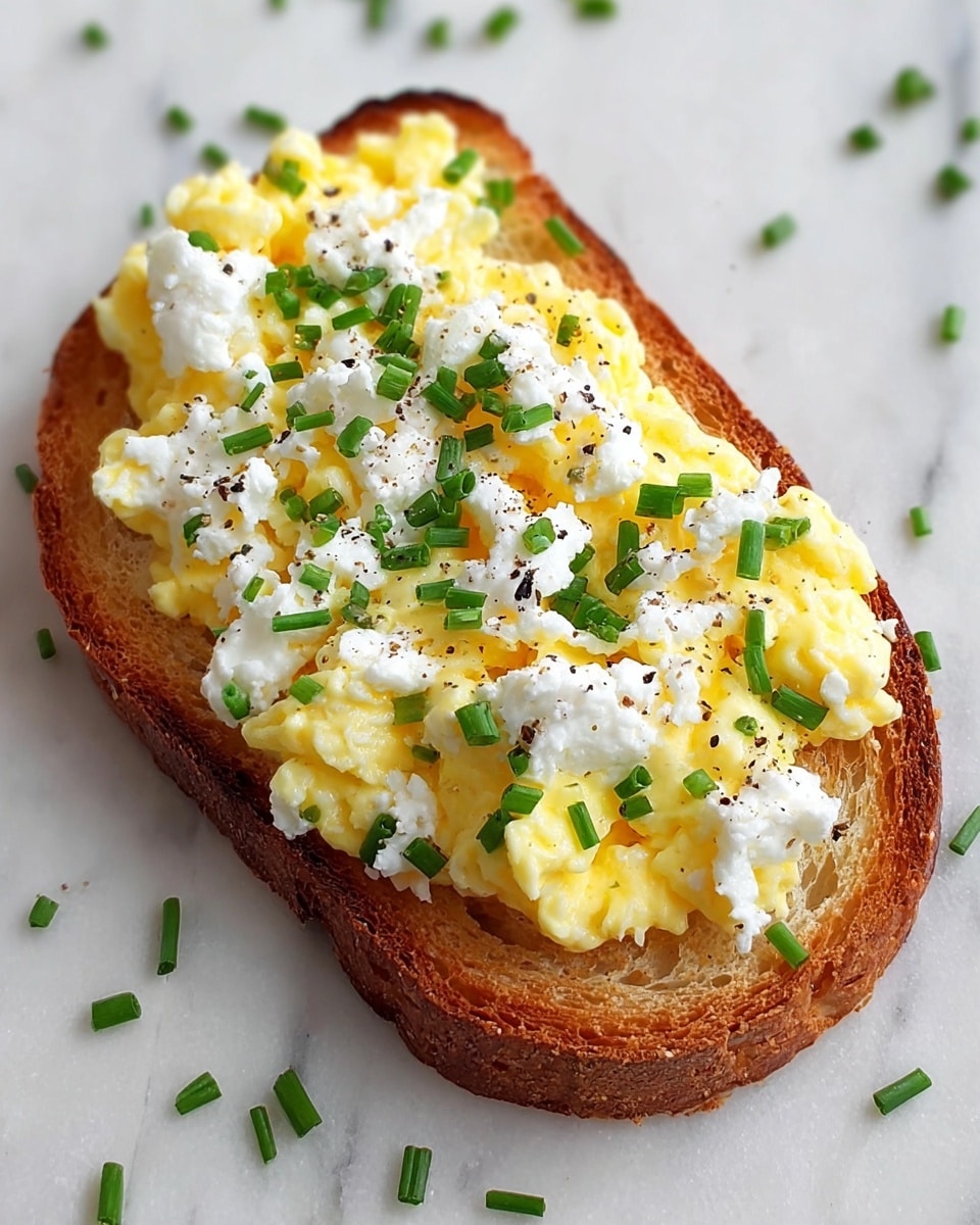 A single slice of toasted bread with a golden-brown crust and light airy texture forms the base layer, topped with soft, fluffy scrambled eggs that are light yellow and slightly creamy in texture. Dollops of white, smooth cottage cheese are scattered on top of the eggs, adding a contrasting texture. Small pieces of fresh green chives are sprinkled over the entire toast, along with a light scattering of black cracked pepper, adding specks of dark color. The toast rests on a white marbled texture with a few stray pieces of chives around it. photo taken with an iphone --ar 4:5 --v 7