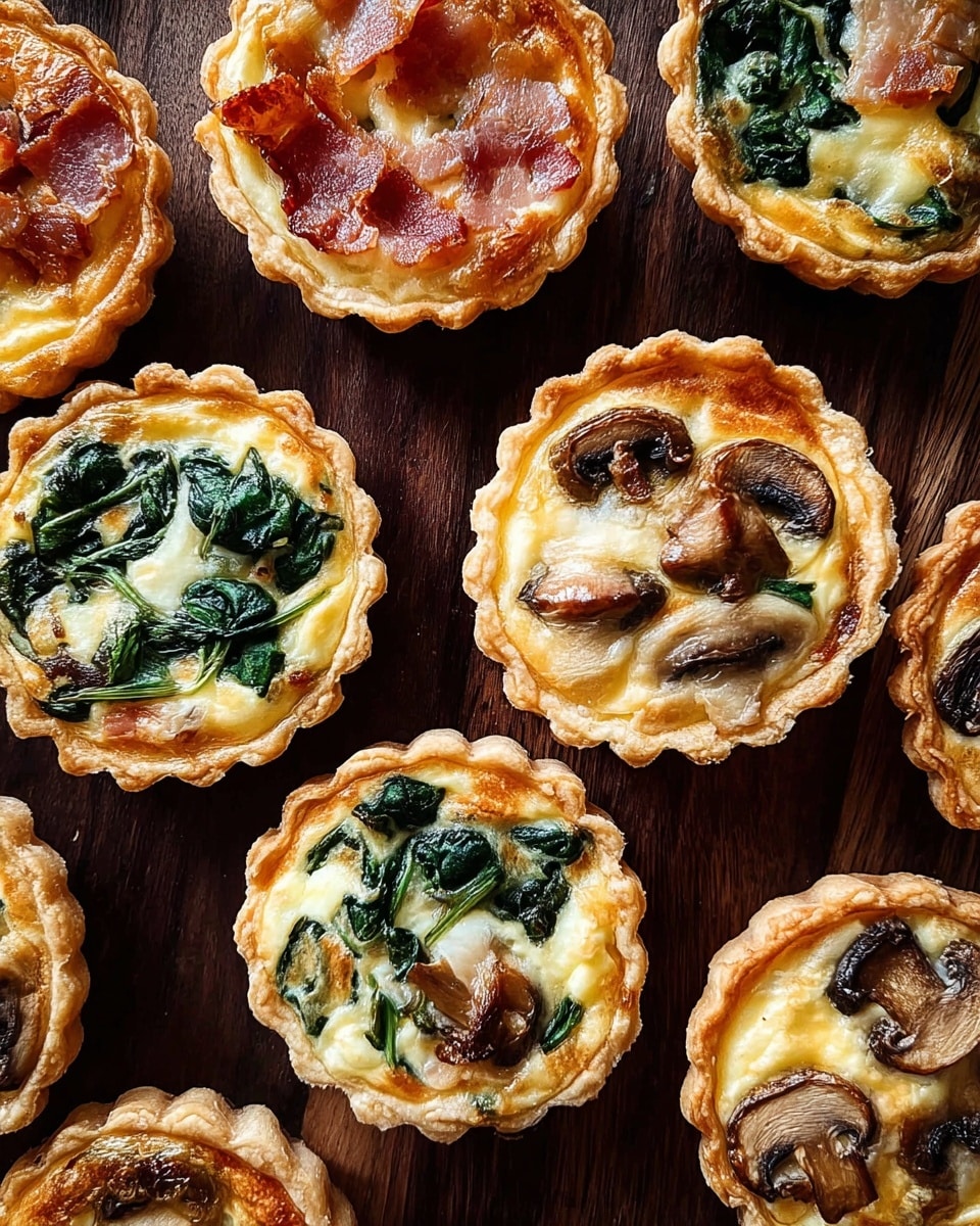 The image shows several mini quiches arranged closely on a dark wooden surface replaced with a white marbled texture. Each quiche has a golden, flaky crust forming one layer, filled with a creamy, slightly browned egg mixture as the second layer. The toppings vary: some have crispy bacon pieces in reddish-brown color on top; others have sautéed dark green spinach leaves or sliced mushrooms with brown caps and light stems embedded in the egg layer. The textures include the rough, crunchy crust edges, smooth and soft egg filling, and visible chunks of toppings. The quiches are evenly spaced, each about the same size, with natural light highlighting their varying colors and textures. Photo taken with an iphone --ar 4:5 --v 7