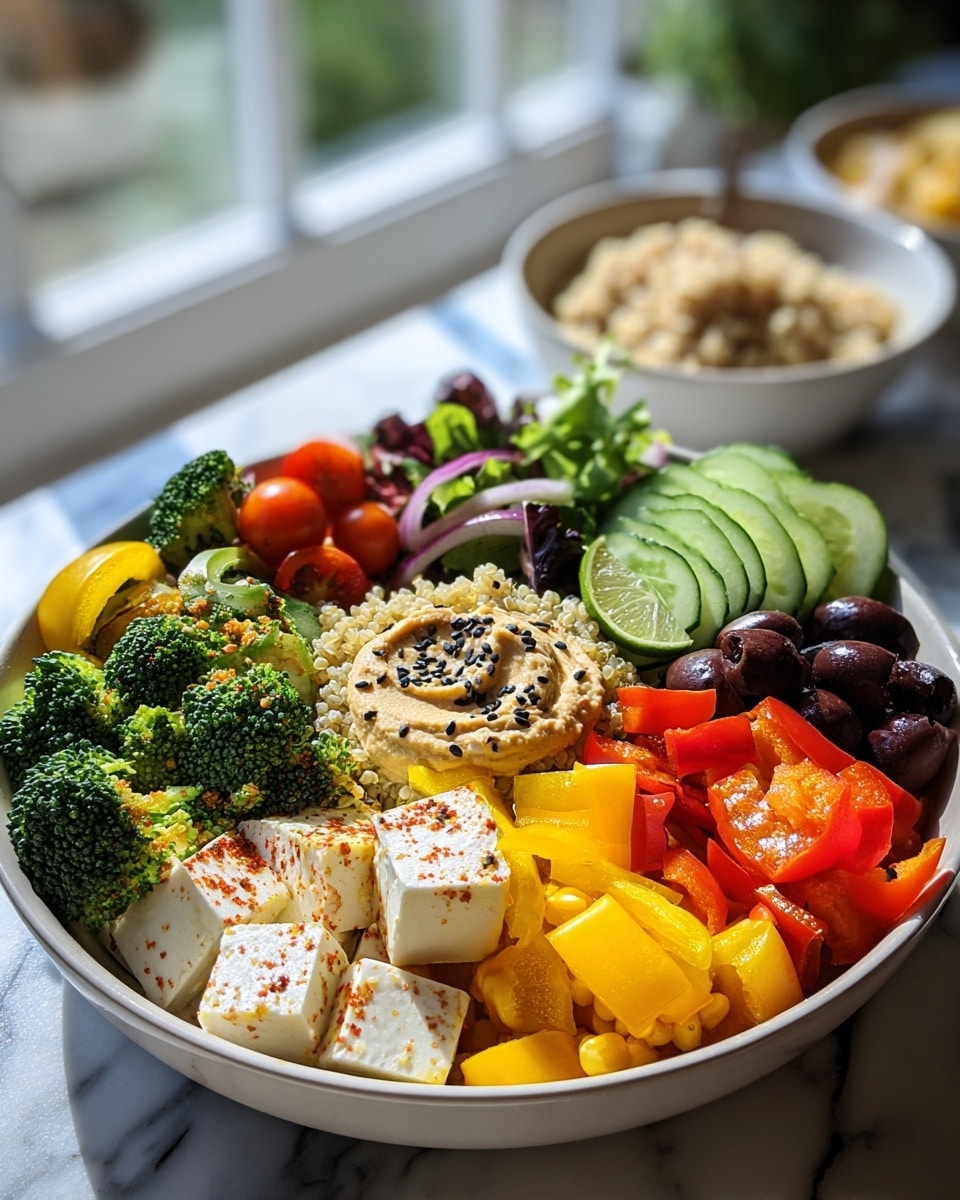 A white bowl filled with multiple colorful layers sits on a white marbled surface. Starting from the bottom left, there are bright green broccoli florets topped with creamy white cheese cubes sprinkled with red spices and black seeds. Next to the broccoli, there are vivid orange and red diced bell peppers. Moving clockwise, there are shiny black olives with a lime wedge beside them. Above that, a mound of light beige quinoa adds texture. Further right, fresh mixed greens provide dark and light green shades. In the center, golden yellow corn surrounds a dollop of beige hummus sprinkled with black sesame seeds. On the upper left side, thinly sliced cucumber rounds appear bright green with a dark green edge, followed by halved cherry tomatoes in a vibrant red color. A white bowl with a grain mixture is blurred in the background, and the scene is well-lit with natural daylight shining through a window. Photo taken with an iphone --ar 4:5 --v 7