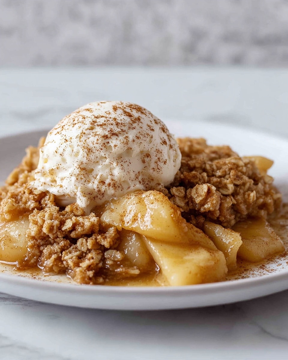 A white plate holds a warm apple crumble dessert with a scoop of creamy vanilla ice cream on top. The bottom layer is chunky apple slices cooked in a glossy, golden syrup. Above the apples is a crumbly, golden-brown oat topping that looks crunchy and textured. The scoop of ice cream is smooth and white, sprinkled lightly with cinnamon powder that adds a touch of warm brown color. The whole plate sits on a white marbled surface with a subtle pattern in the background, creating a clean and fresh look. photo taken with an iphone --ar 4:5 --v 7