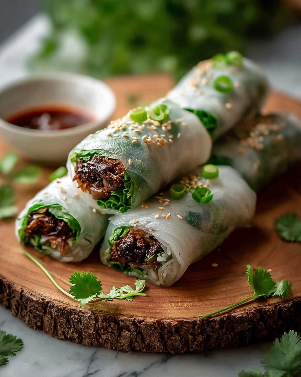 Four rice paper rolls lie on a round wooden board with rough bark edges. Each roll has three main layers: the outer translucent white rice paper, inside a layer of fresh green leafy vegetables, and a filling of cooked dark brown meat with a slightly crispy texture. The rolls are sprinkled with light beige sesame seeds and small green scallions on top. Fresh green cilantro leaves are scattered around the board and the white marbled surface below. In the background, a small white bowl with dark red sauce is visible, slightly out of focus. Photo taken with an iphone --ar 4:5 --v 7