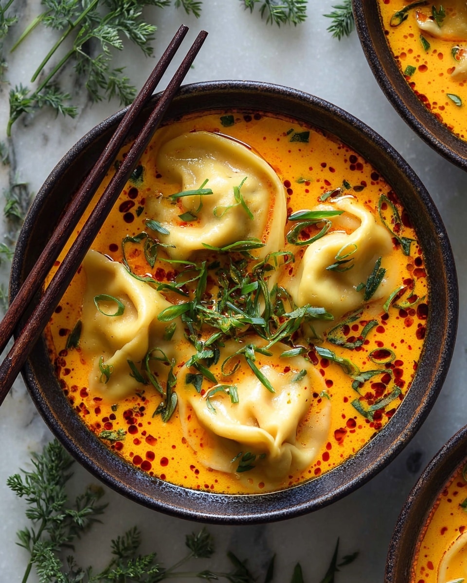 A close-up of a dark bowl filled with five large dumplings sitting in a rich, creamy orange broth with red oil droplets on the surface. The dumplings are light yellow with smooth, slightly folded edges, partially submerged in the soup. The top is sprinkled with bright green chopped chives and thin slices of fresh herbs, adding a fresh contrast. Dark wooden chopsticks rest on the left side of the bowl, leaning against the rim. The bowls are placed on a white marbled surface with scattered herb sprigs around them. photo taken with an iphone --ar 4:5 --v 7