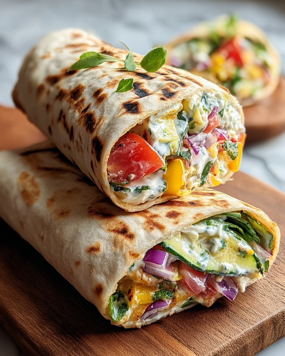 The image shows two grilled wraps stacked on a wooden board. Each wrap has a light brown, slightly charred flatbread exterior with visible grill marks. Inside, the wraps are filled with colorful layers of chopped vegetables including bright red tomatoes, deep purple onions, yellow bell peppers, and green zucchini slices. There are also fresh green leafy herbs and a creamy white sauce dotted throughout the filling. Small green leaves are placed on top of the wraps as garnish. The background is a white marbled texture, and the focus is sharp on the front wrap with a soft blur on the second one and the background. Photo taken with an iphone --ar 4:5 --v 7