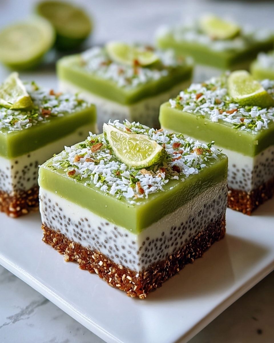 The image shows five square layered desserts on a white plate placed on a white marbled texture surface. Each piece has three distinct layers: the bottom layer is a crumbly brown crust, the middle layer is a creamy white layer studded with small black seeds spread evenly, and the top layer is a smooth light green glaze. The green layer is sprinkled with white coconut flakes and some green zest, adding texture and color contrast. In the background, some pieces are topped with small lime wedges. The overall presentation is clean and bright, focusing on the sharp edges and detailed toppings on each dessert square. photo taken with an iphone --ar 4:5 --v 7