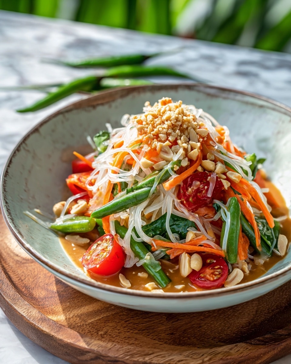 A fresh and colorful dish of shredded white noodles forms the base layer in a white bowl, mixed with thin strips of bright orange carrots and green beans adding a crunchy texture. Scattered pieces of halved red cherry tomatoes and green leaves peek through the noodles, while a few light brown peanuts and a crumbly tan topping sit on top, giving an extra texture contrast. The dish is surrounded by a light brown sauce that pools gently at the bottom, enhancing the colors and layers. The bowl is placed on a wooden board over a white marbled surface with green chili peppers blurred in the background, giving a fresh and natural feel. Photo taken with an iphone --ar 4:5 --v 7