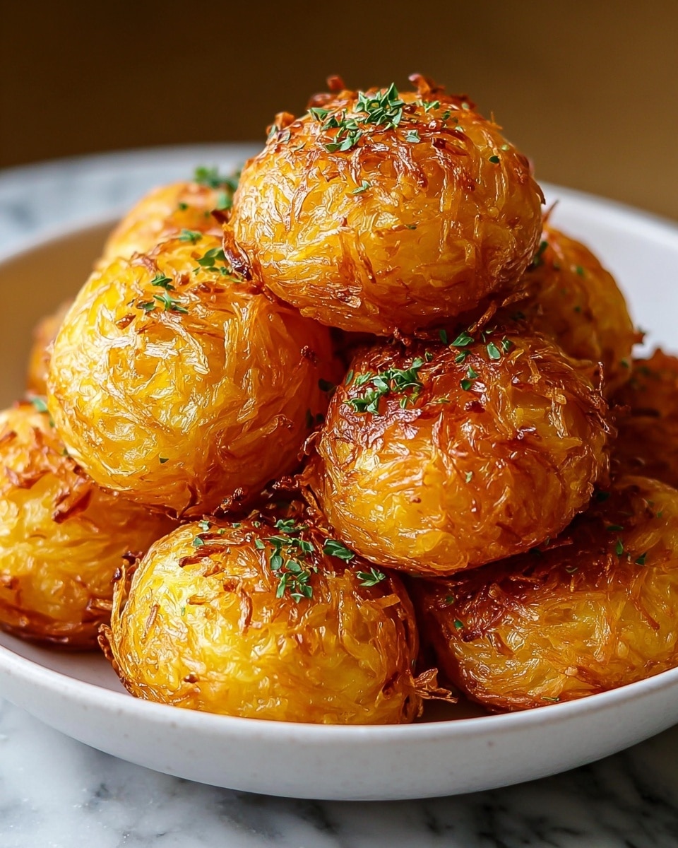 A white bowl is filled with a stack of golden-brown crispy potato puffs, each round puff showing a crunchy texture with finely shredded potato strands visible on the surface. The puffs are sprinkled with small green herb leaves, adding a fresh contrast to the warm tones. The bowl sits on a white marbled surface, accentuating the rich colors of the potatoes. The light catches the slight gloss on the crispy exterior, making them look hot and fresh. photo taken with an iphone --ar 4:5 --v 7