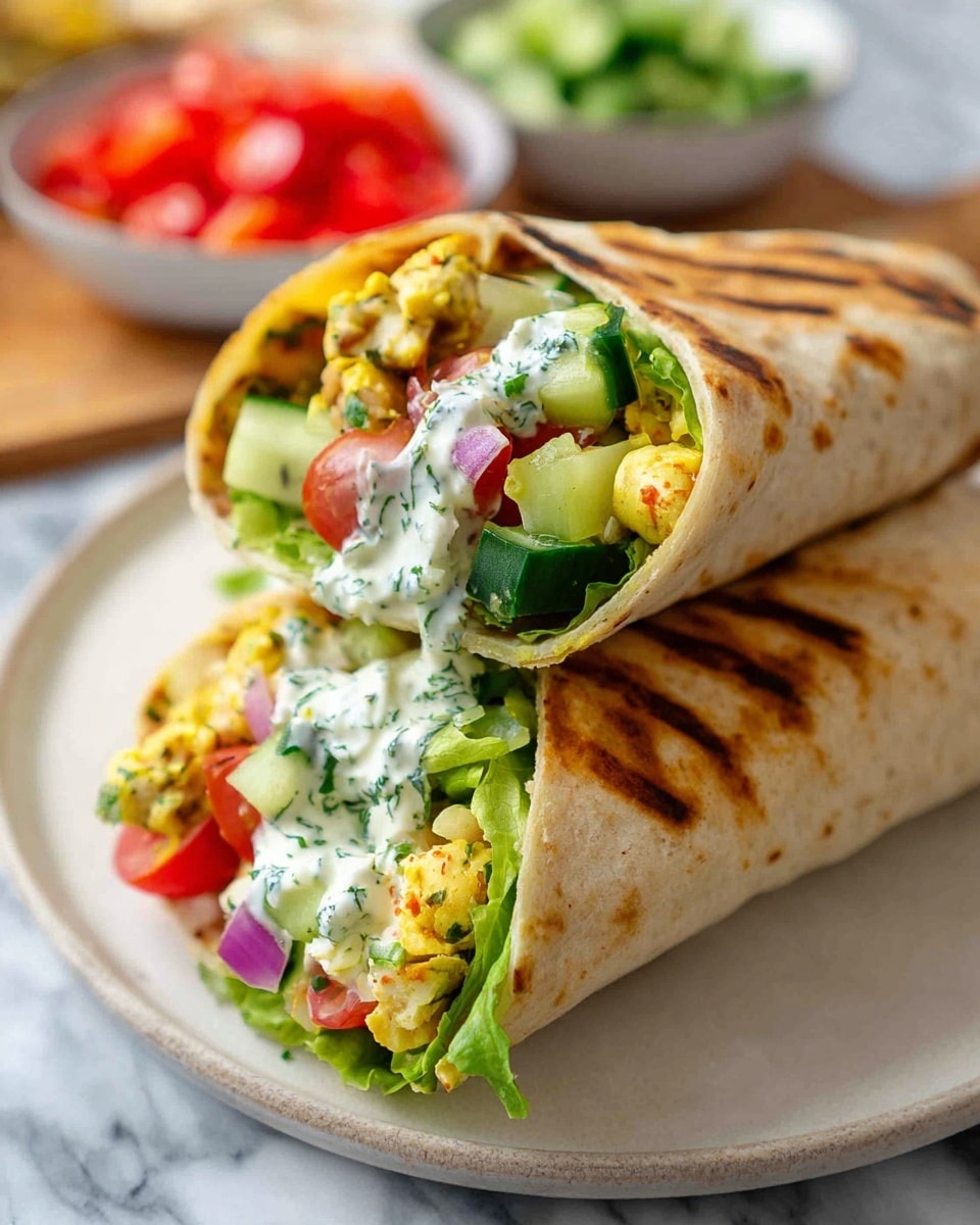 The image shows two wraps stacked on a white plate, placed on a white marbled surface. Each wrap has a golden-brown, slightly crunchy outer layer with grilled marks. Inside, there are visible layers starting with fresh green lettuce at the bottom, followed by creamy white sauce with green herb specks drizzled on top, then chunks of cucumber in dark green, diced red tomatoes, and small pieces of red onion. A soft, yellowish filling resembling scrambled eggs or chickpeas adds texture, seen inside the open ends of the wraps. In the blurred background, there are bowls with chopped vegetables in green and red colors. Photo taken with an iphone --ar 4:5 --v 7