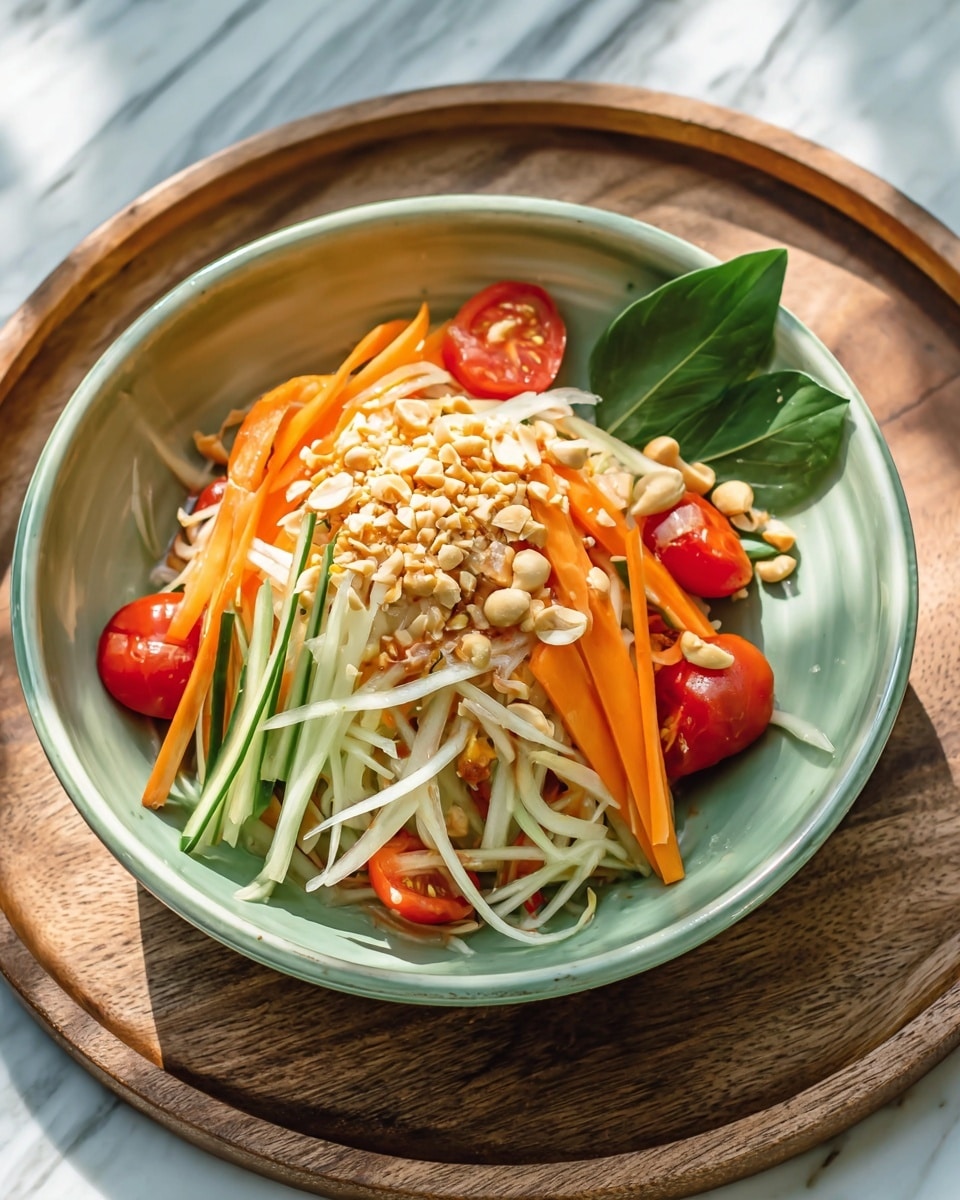 A light green bowl holds a colorful Thai papaya salad arranged in layers, starting with thin, pale green and white shredded papaya strands forming the base. On top, there are bright orange carrot sticks and thin green strips of vegetables adding texture. Cherry tomato halves in a rich red color sit around the edges. Scattered peanuts and crushed peanuts add a crunchy light brown layer on top, along with a few green leaves for contrast. The bowl is placed on a wooden round tray set on a white marbled surface. Photo taken with an iphone --ar 4:5 --v 7