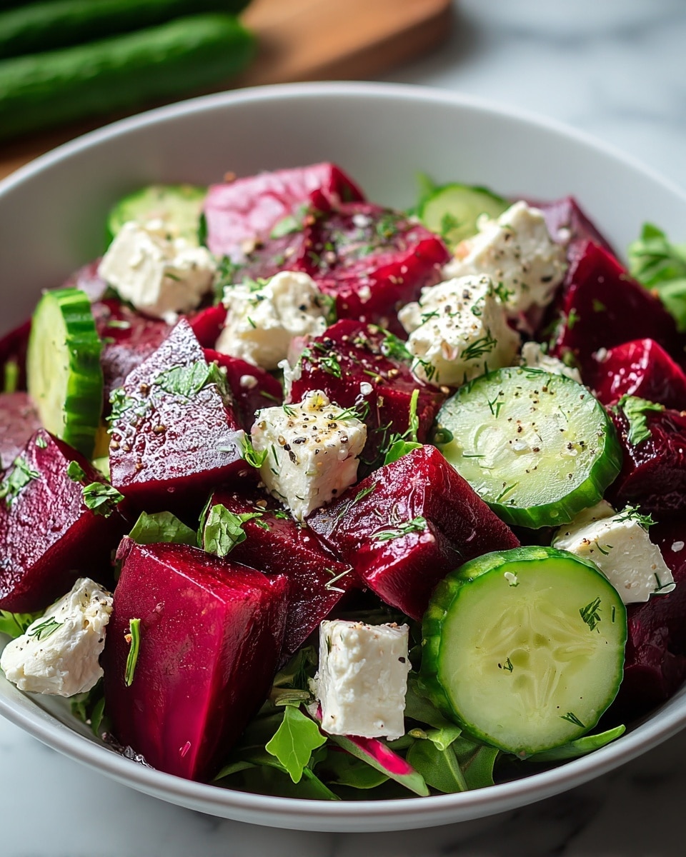 A white bowl filled with a fresh salad made of about three layers: the base layer is bright green leafy herbs, topped with large, juicy chunks of deep red beetroot cut into irregular cubes; scattered among the beetroot are thick slices of light green cucumber with dark green skin. The salad is garnished with uneven cubes of white feta cheese sprinkled with cracked black pepper and small bits of herbs, creating a colorful contrast. The bowl is set on a white marbled surface, with fresh herbs and cucumbers visible blurred in the background. photo taken with an iphone --ar 4:5 --v 7