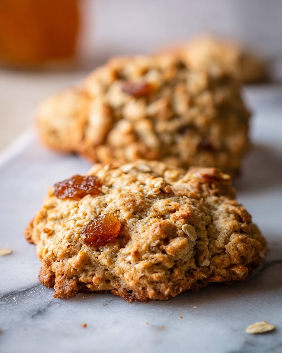 A close-up view of a rough-textured oatmeal cookie with golden-brown color, featuring visible chunks of dried apricot on its surface. The cookie has an uneven, slightly bumpy shape with crispy edges, resting on a white marbled surface. Another cookie, slightly out of focus, is seen behind the front one, showing the same texture and fruit pieces. The background is softly blurred with warm tones, keeping attention on the detailed, textured cookie in front. photo taken with an iphone --ar 4:5 --v 7