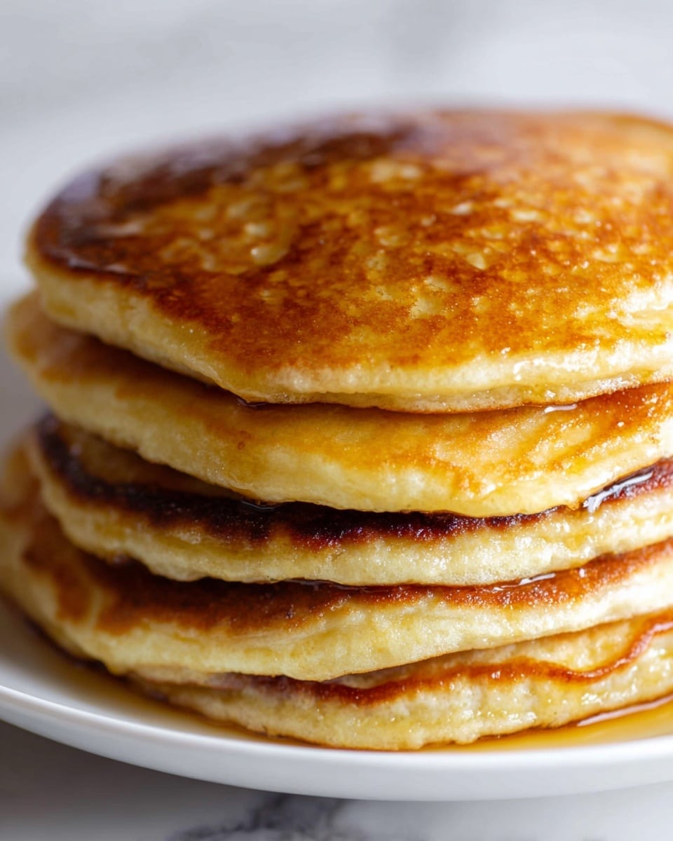 A tall stack of five thick pancakes is shown close up, each pancake golden brown with a slightly crispy edge and a soft, fluffy inside. A thin layer of syrup glistens on the sides between some layers, adding a shiny, sticky texture. The pancakes sit on a white plate, and the background is a smooth white marbled texture. The focus is sharp on the close pancakes, highlighting their warm, inviting color and texture. photo taken with an iphone --ar 4:5 --v 7