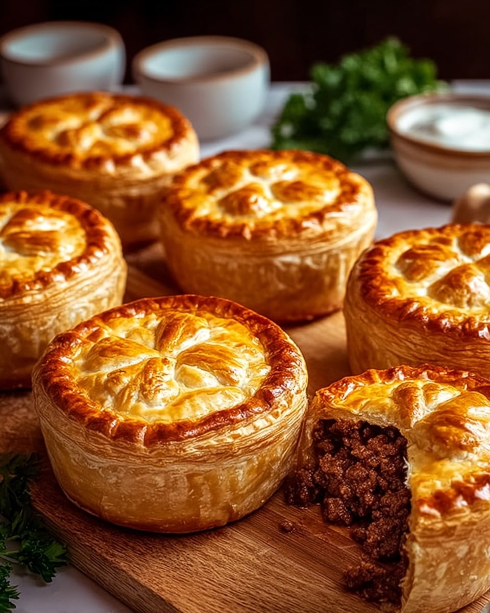 The image shows seven round meat pies with golden brown, flaky pastry crusts. Each pie has a thick crust base topped with a domed lid that is shiny with a baked finish and decorated with subtle patterns. One pie in the front right side is cut open, revealing a rich, dark brown minced meat filling with a moist texture inside. The pies are arranged close together on a wooden board with a sprig of green parsley in the background and small white bowls slightly out of focus behind them. The setting is warm and cozy with a white marbled texture surface beneath the board. Photo taken with an iphone --ar 4:5 --v 7