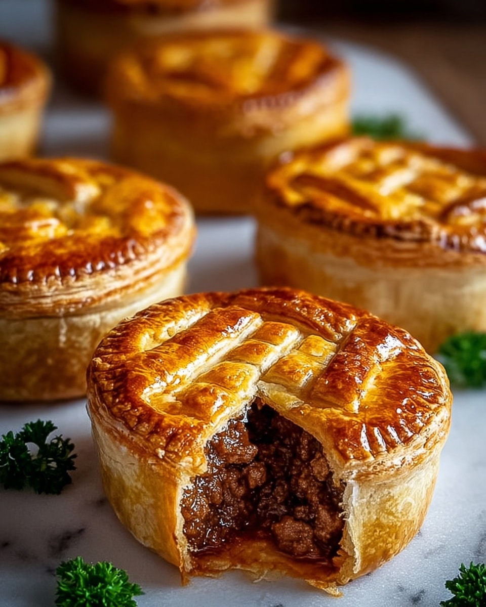 The image shows several round meat pies placed on a white marbled textured surface, with one pie at the front having a bite taken out, revealing a rich, dark brown minced meat filling with juicy sauce inside. Each pie has a golden, shiny crust with a crisscross pattern on top and a neatly crimped edge, giving a flaky and crisp look. The pies have thick sides with visible layers of baked pastry, and a few small green parsley sprigs are placed next to them for decoration. The soft focus in the background highlights more of the pies, adding depth and warmth to the scene. Photo taken with an iphone --ar 4:5 --v 7