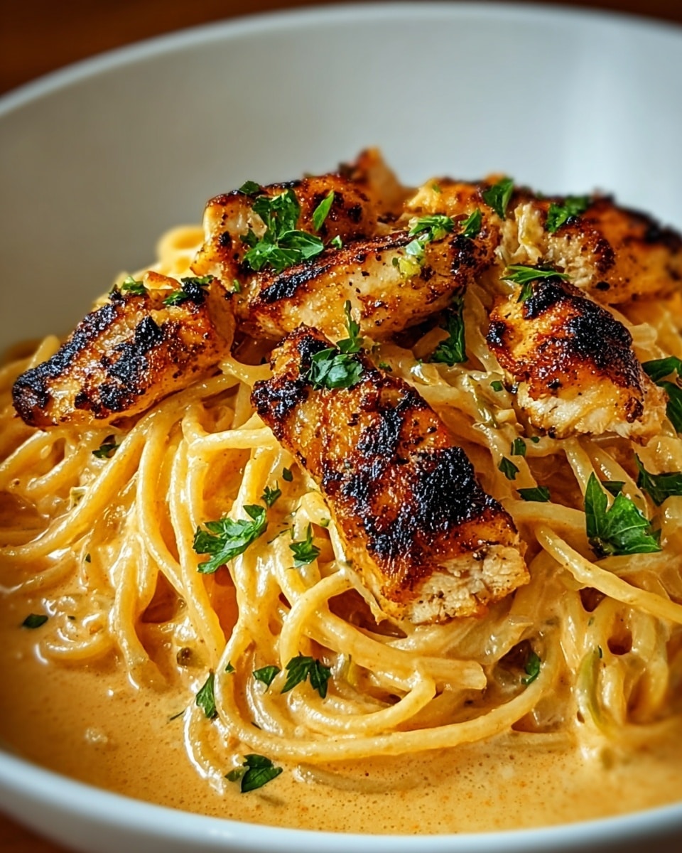 A white bowl holds creamy spaghetti coated in a smooth, light orange sauce as the base layer. Sitting atop the pasta are several pieces of golden-brown grilled chicken with a slightly charred, crispy texture. Small green parsley leaves are scattered over the dish, adding a fresh pop of color to the warm tones. The image is sharply focused on the food against a white marbled background. photo taken with an iphone --ar 4:5 --v 7