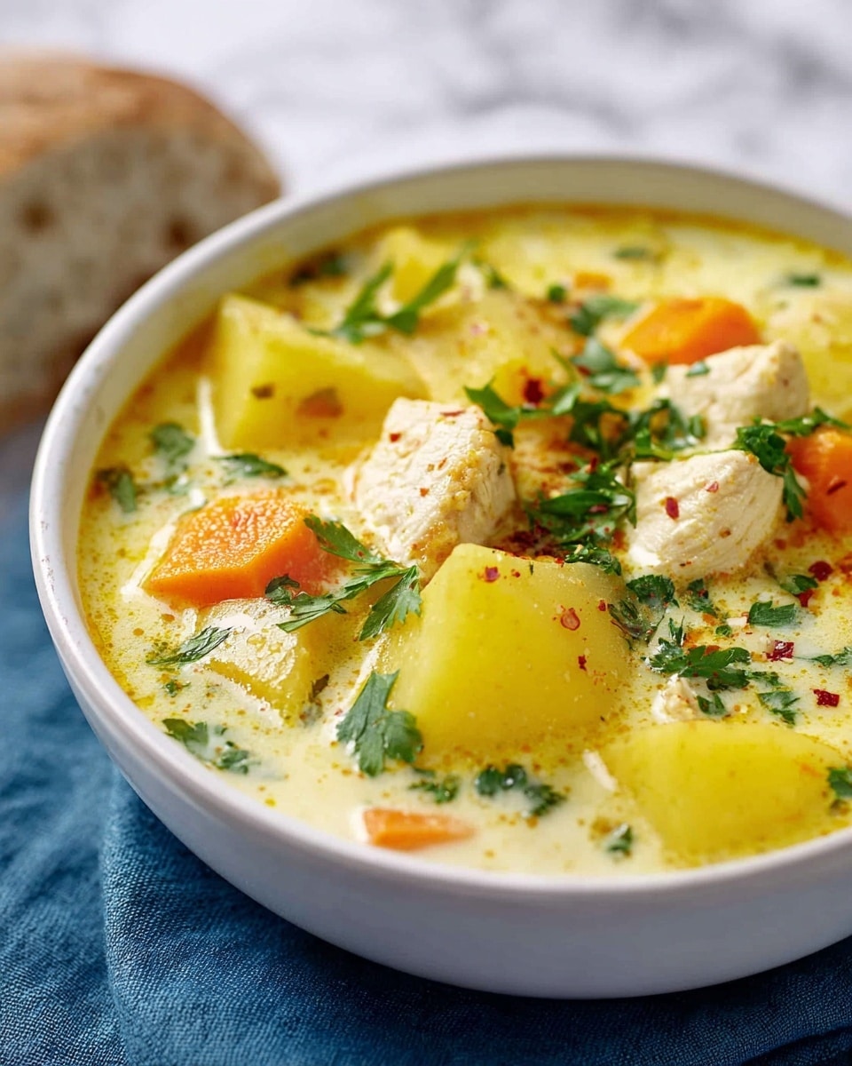 A white bowl filled with a creamy soup that has chunks of yellow potatoes, orange carrots, and white pieces of chicken, all floating in a light yellow creamy broth. The soup is sprinkled with fresh green parsley leaves on top and a few small red spice flakes. A piece of bread is seen blurred in the background. The bowl sits on a blue cloth on a white marbled surface. photo taken with an iphone --ar 4:5 --v 7