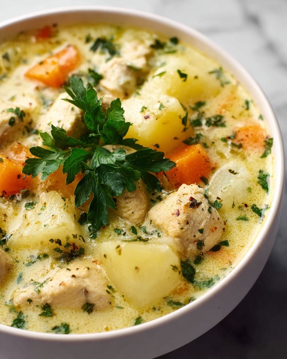 A close-up view of a white bowl filled with creamy chicken stew showing large chunks of light beige chicken pieces mixed with soft, pale yellow potato cubes and bright orange carrot pieces, all submerged in a thick, creamy pale yellow broth. The stew is garnished with finely chopped green herbs scattered throughout and a small bunch of fresh, dark green parsley leaves placed on top near the center. The bowl sits on a white marbled surface. photo taken with an iphone --ar 4:5 --v 7