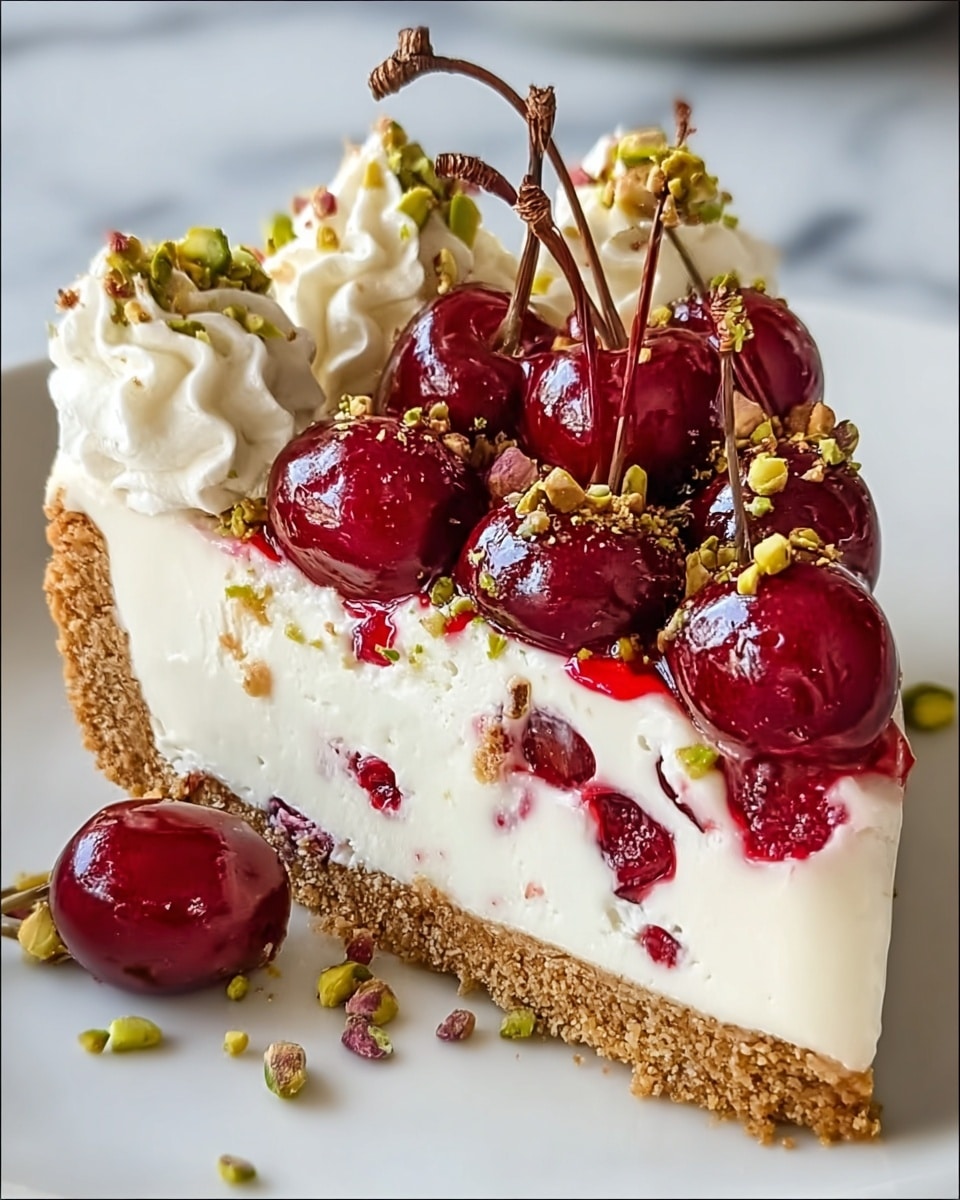 A slice of creamy cheesecake sits on a white plate against a white marbled background. It has three main layers: a crumbly light brown base, a thick white cream cheese filling with visible red cherry pieces mixed inside, and a topping made of bright red whole cherries with stems, dollops of white whipped cream, and sprinkled green chopped pistachios. Some crumbs and pistachio bits are scattered on the plate around the slice. The cherries glisten with a shiny glaze, and the cream topping looks soft and swirled. photo taken with an iphone --ar 4:5 --v 7