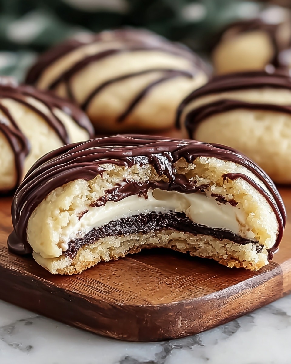 A soft, round cookie with a light beige color sits broken in half on a wooden board, showing three layers inside: a thin dark chocolate base layer, a thick creamy white filling in the middle, and a crumbly biscuit top layer. The top has shiny dark chocolate drizzles running parallel across the cookie’s surface, creating thin stripes. In the background, more whole cookies are slightly blurred on the same wooden board, all with the same chocolate drizzle. The scene is on a white marbled texture surface. photo taken with an iphone --ar 4:5 --v 7