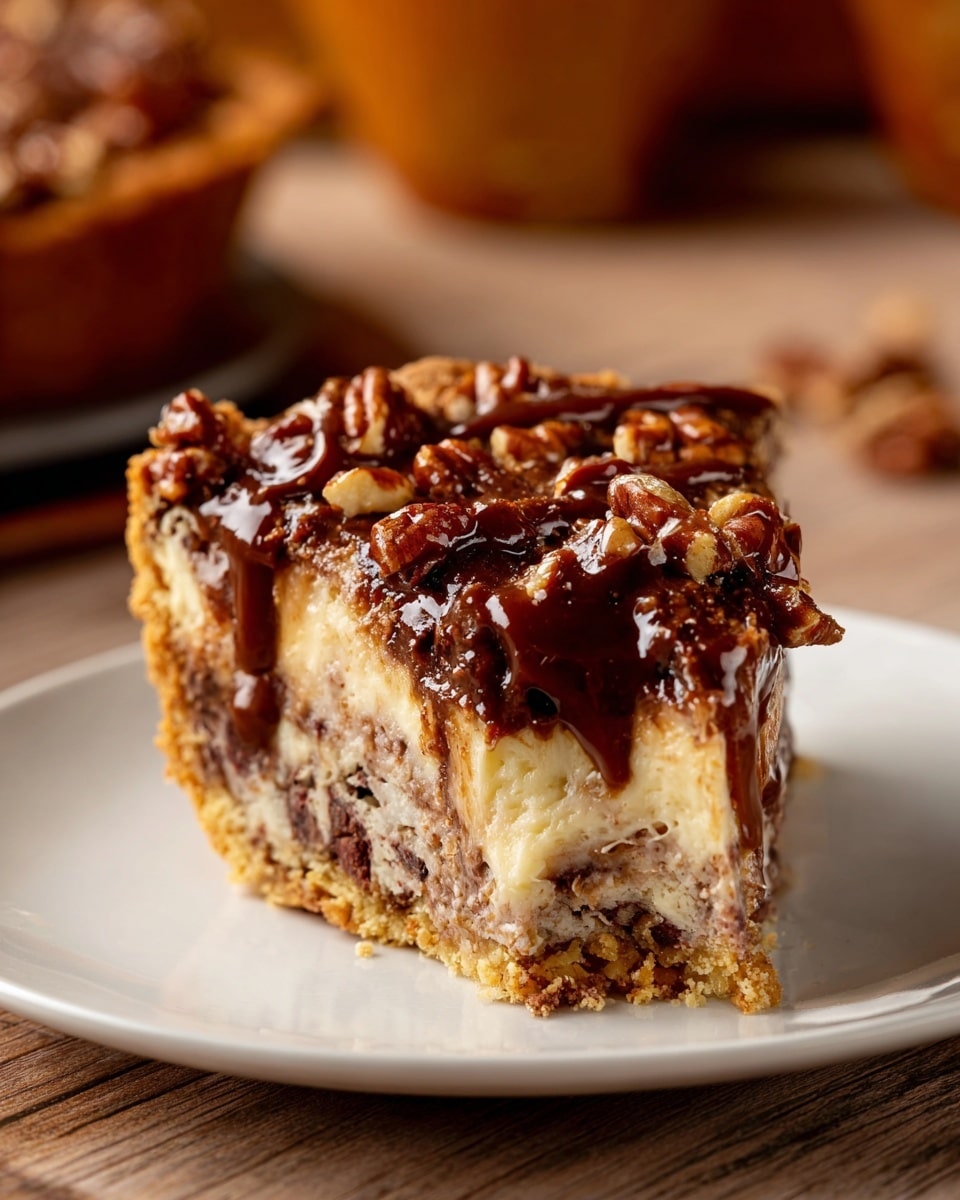 A slice of nut-topped pie sits on a white plate, showing three distinct layers. The bottom crust is golden brown and crumbly, supporting a dense creamy layer mixed with bits of nuts and darker brown swirls. Above that is a light tan, smooth creamy layer. The top is covered in thick, glossy dark brown sauce with large chopped nuts scattered over it. The setting has a wooden surface and blurred background with warm tones. Photo taken with an iphone --ar 4:5 --v 7