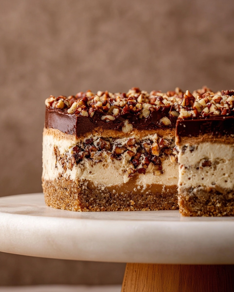 A close-up side view of a multi-layered cake sits on a white marble cake stand with a wooden base. The bottom layer is a crumbly, light brown crust. Above it is a dense, nutty chocolate layer filled with small chunks and pieces. The next layer is a thick cream-colored filling with visible nuts embedded inside. On top, there is a thick layer of glossy dark chocolate with lots of crunchy chopped nuts, giving it a textured look. The background is a soft brown color that contrasts with the cake's colors. Photo taken with an iphone --ar 4:5 --v 7