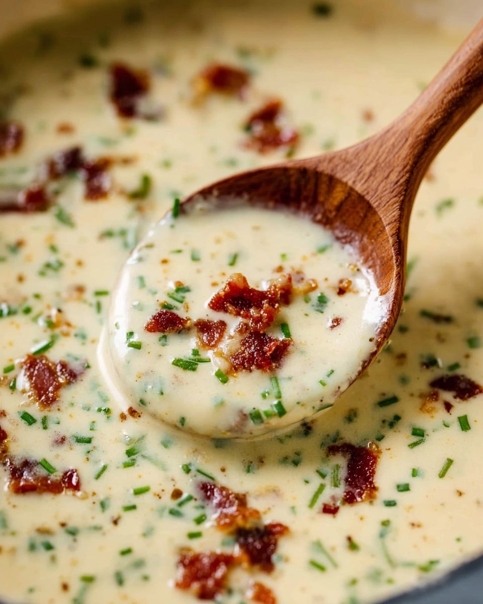 A close-up of creamy soup with a smooth and thick light beige base, dotted with small green chives and crispy dark brown bacon bits scattered throughout. A wooden spoon is dipped into the soup, scooping some with visible chunks of bacon and green herbs floating on the surface. The background shows the white marbled texture slightly blurred. photo taken with an iphone --ar 4:5 --v 7