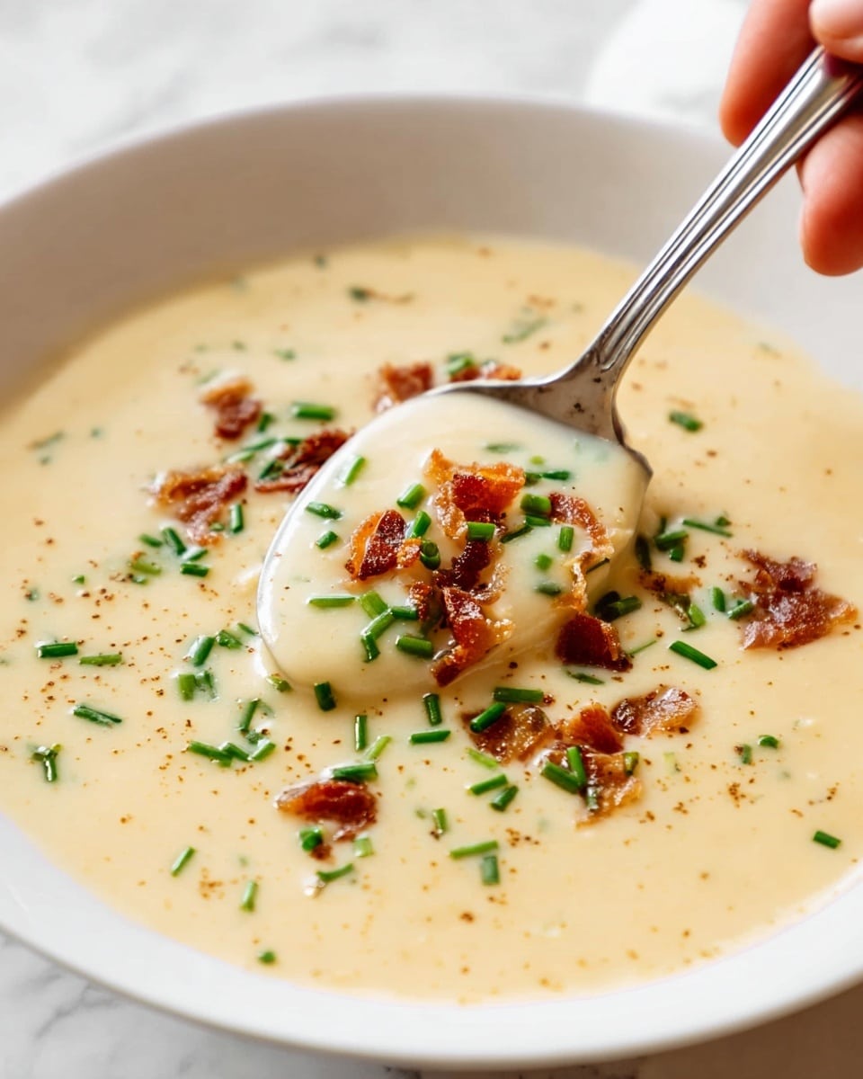 A close-up view of a white bowl filled with thick, creamy beige soup topped with crispy small brown bacon bits and fresh chopped green chives scattered evenly. A silver spoon is dipped into the soup, held by a woman's hand at the top right corner, gently lifting some soup mixed with bacon and chives. The bowl is placed on a white marbled surface that softly reflects light, giving a clean and fresh look. The soup has a smooth texture with tiny flecks of seasoning visible on the surface, creating a warm and inviting appearance. photo taken with an iphone --ar 4:5 --v 7