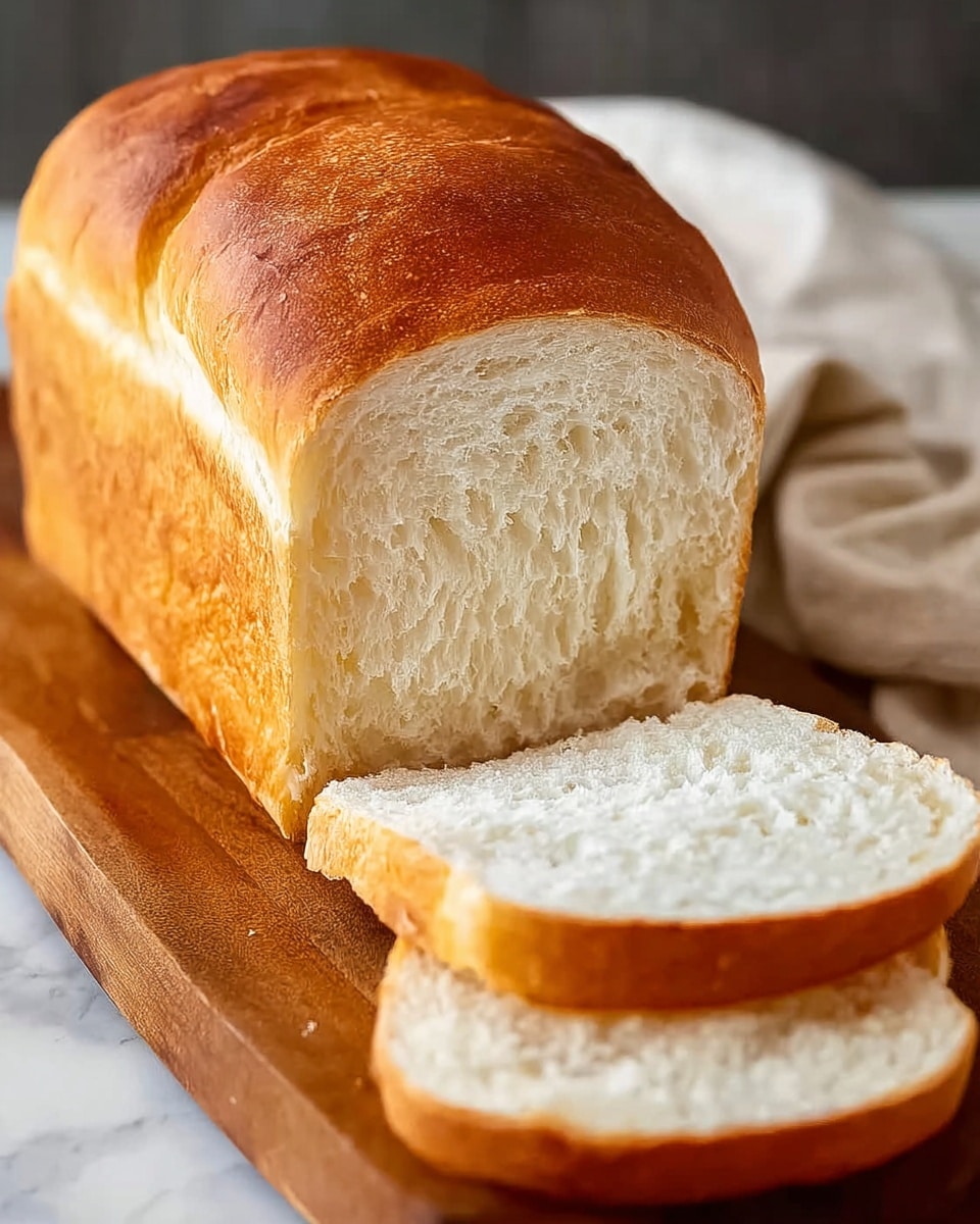 A loaf of white bread with a golden-brown crust on top and sides is placed on a wooden board. The bread is partially sliced, showing soft, fluffy white inside the loaf and on the three slices in front, with a light and airy texture. The background is a white marbled surface, and a blurred light cloth is visible in the back left. Photo taken with an iphone --ar 4:5 --v 7