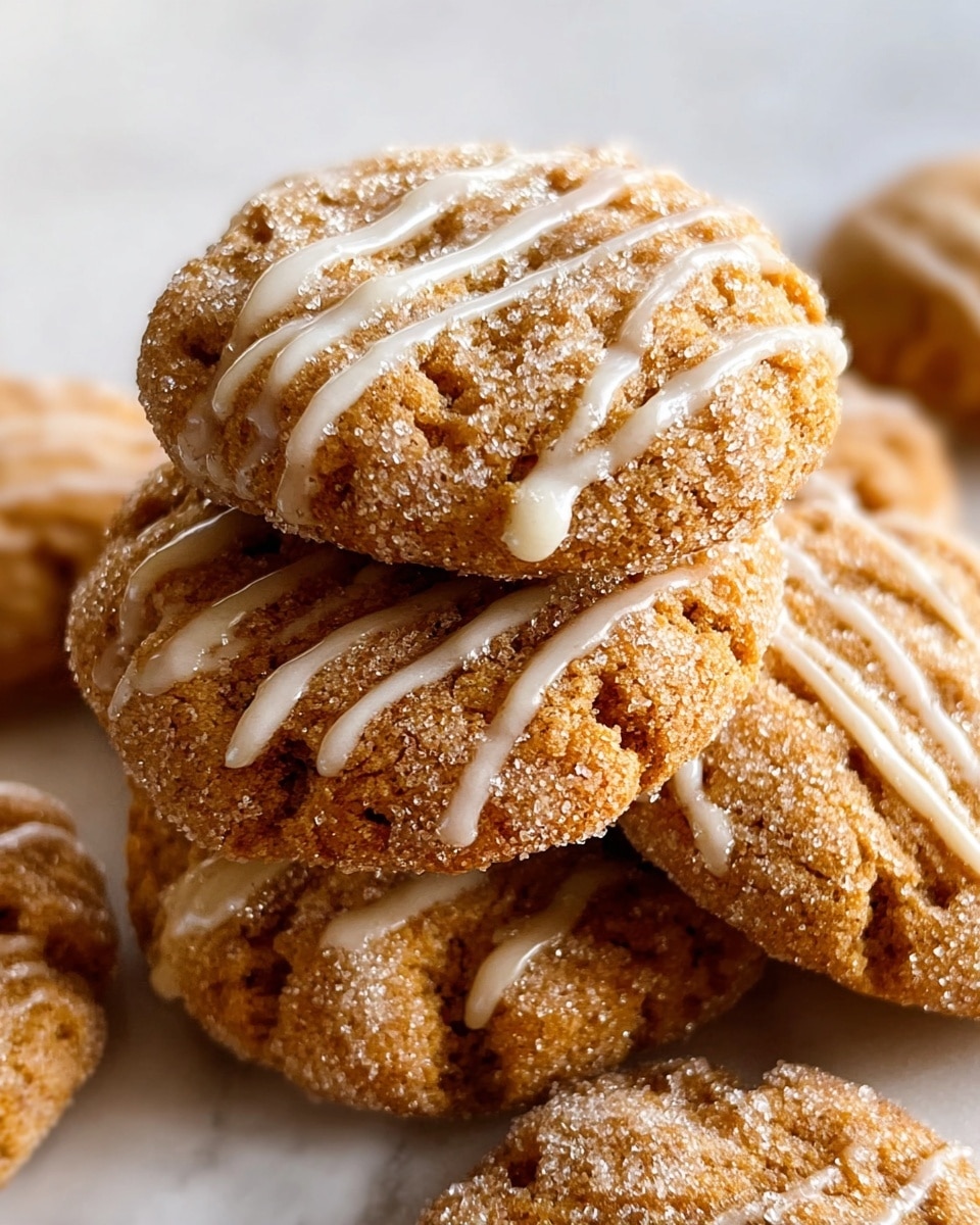 A close-up view of several round cookies stacked slightly on top of each other, showing a rough, sugar-coated texture with a light golden brown color on the surface. Each cookie is decorated with thin, uneven white icing drizzles running across the top, adding a glossy contrast to the matte sugar coating. The cookies rest on a white marbled surface, emphasizing their warm tone and sugary texture. photo taken with an iphone --ar 4:5 --v 7