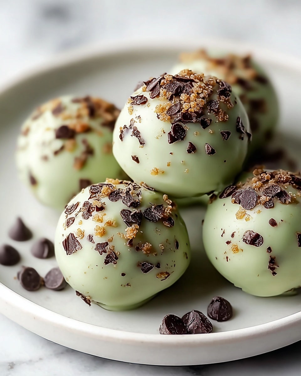 The image shows a close-up of five round dessert balls on a white plate, arranged in a loose cluster. Each ball is covered with a pale green coating that looks smooth and slightly shiny. Scattered over the green surface are small, dark brown chocolate chips and tiny light brown crunchy bits, giving texture and color contrast. Around the base of the balls on the plate are a few dark brown chocolate chips, adding depth to the presentation. The plate sits on a white marbled surface, and the background is softly blurred to keep focus on the dessert balls. Photo taken with an iphone --ar 4:5 --v 7