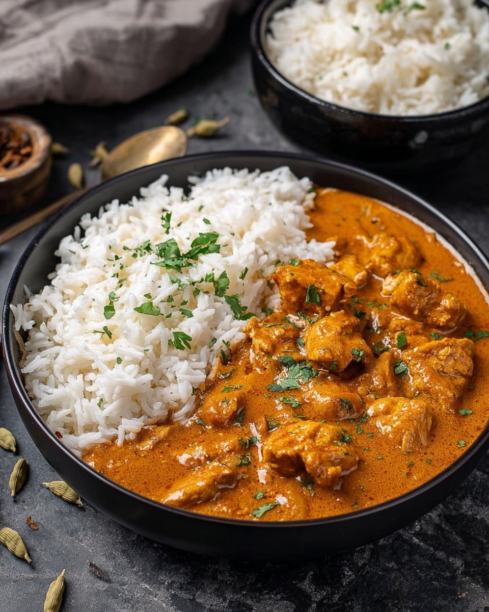 A black bowl contains two main layers: on the left side, there is a thick layer of white fluffy rice with separate grains visible, and on the right side, a rich layer of orange-brown creamy curry with chunks of cooked chicken coated in the sauce and garnished with small bits of fresh green herbs. The bowl sits on a dark surface with scattered cardamom pods nearby, and in the background, there are white bowls filled with more white rice, all placed on a white marbled texture. photo taken with an iphone --ar 4:5 --v 7
