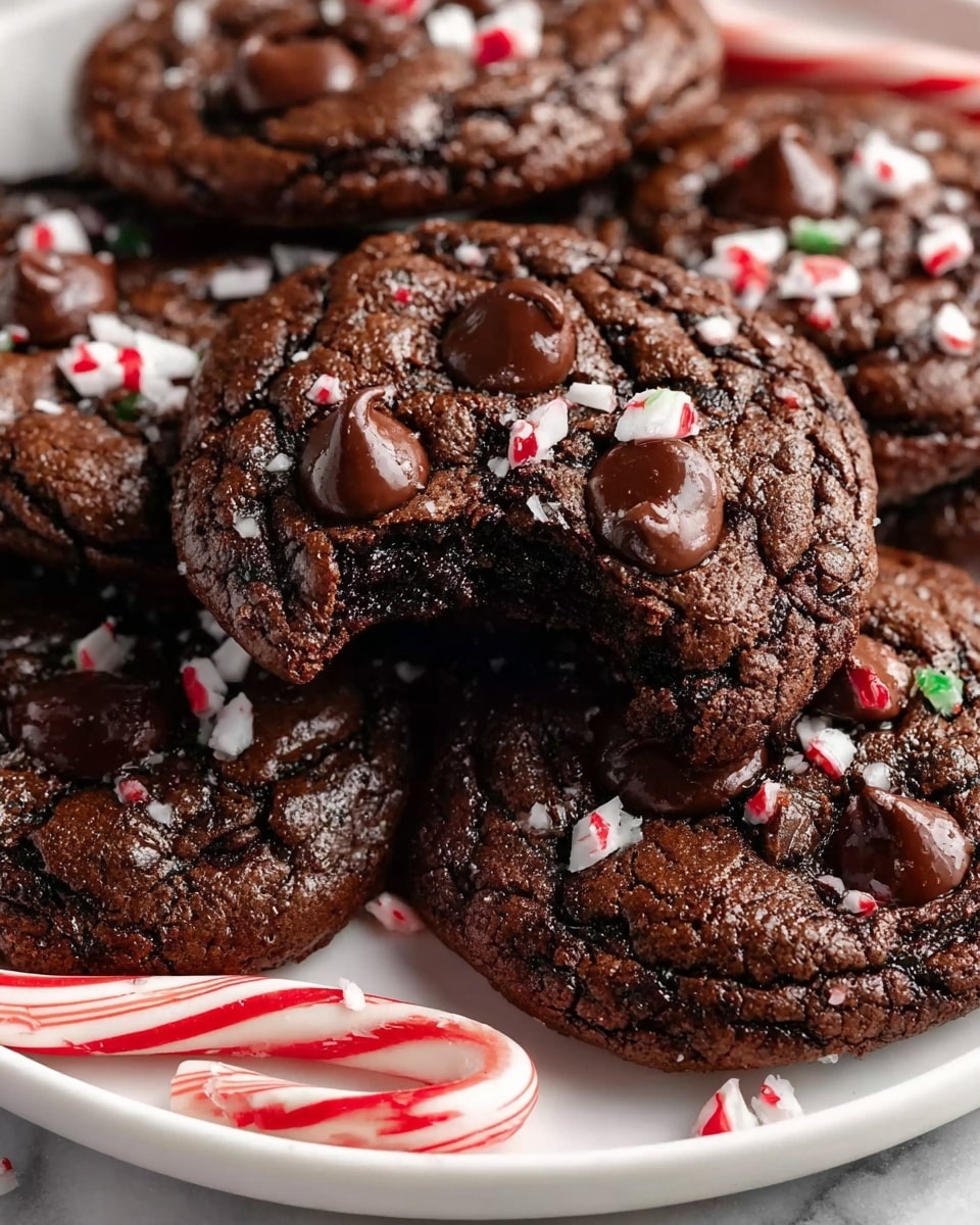 The image shows a close-up of rich, dark chocolate cookies with a fudgy texture and shiny, cracked tops. Each cookie has a few thick, glossy chocolate chips on top and is sprinkled with small white and red peppermint candy pieces. One cookie in the center has a bite taken out, revealing a moist, dense inside. The cookies are placed closely together on a white plate with a white marbled surface beneath it. A red and white striped candy cane is positioned near the bottom of the plate. photo taken with an iphone --ar 4:5 --v 7