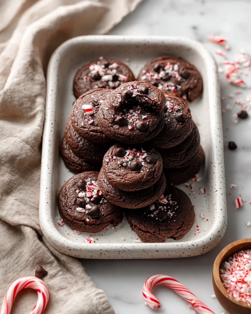 A tray filled with soft, dark chocolate cookies stacked in a slightly uneven pile, each cookie topped with small dark chocolate chips and scattered crushed peppermint candy pieces in white and red. The cookies have a textured surface with a few cracks, and one cookie near the top shows a bite taken out, revealing a moist interior. The tray is white with a speckled edge and sits on a white marbled surface around which broken peppermint pieces, whole candy canes, and a small wooden bowl filled with crushed peppermint sit scattered. A beige cloth is draped casually near the tray. Photo taken with an iphone --ar 4:5 --v 7