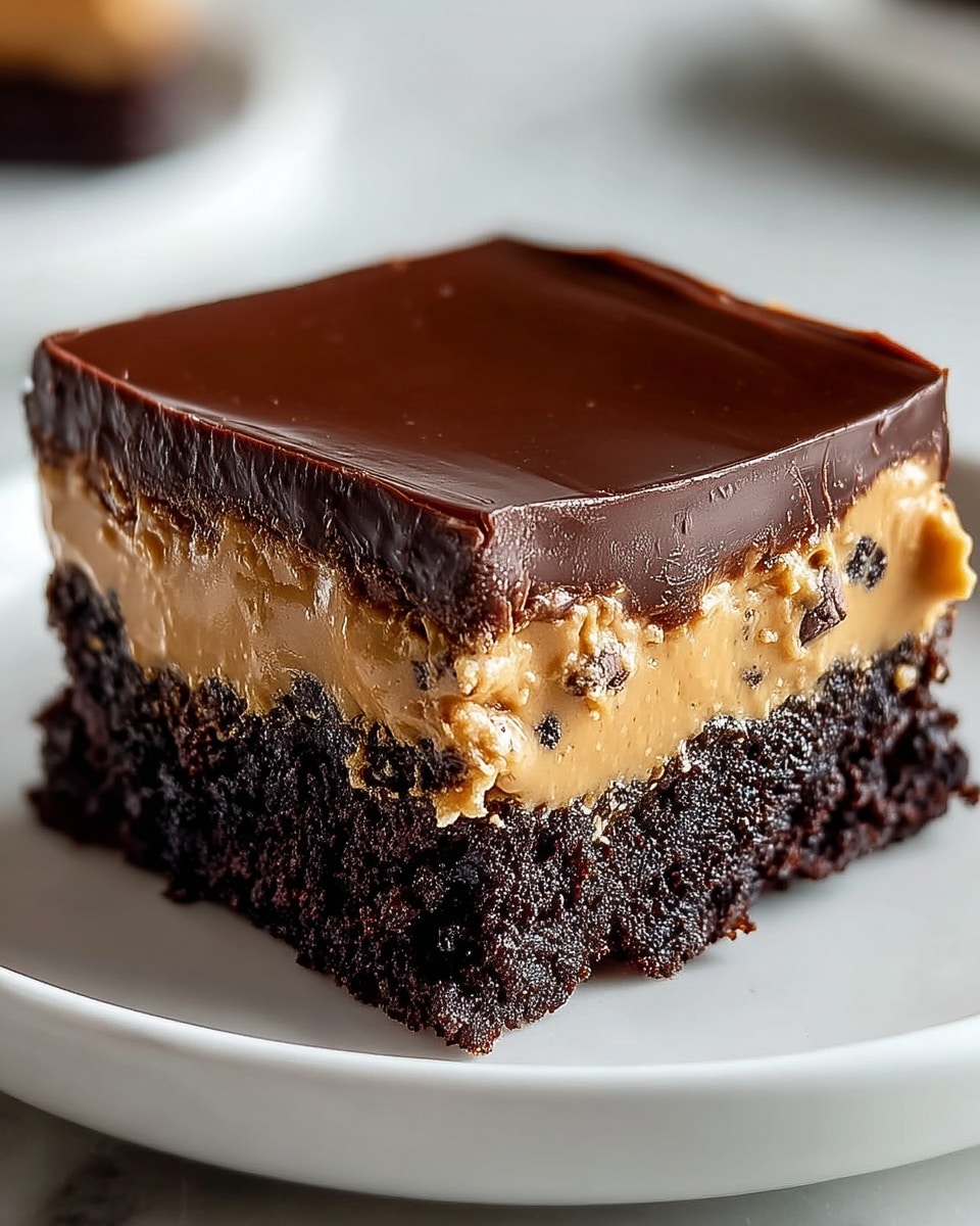 A close-up of a three-layer dessert square on a white plate with a white marbled background. The bottom layer is dark, crumbly, and moist chocolate cake with a rough texture. The middle layer is thick, creamy, light brown peanut butter filling with a smooth texture and tiny chocolate bits mixed in. The top layer is a glossy, rich chocolate ganache with a shiny, smooth surface that reflects light slightly. Photo taken with an iphone --ar 4:5 --v 7