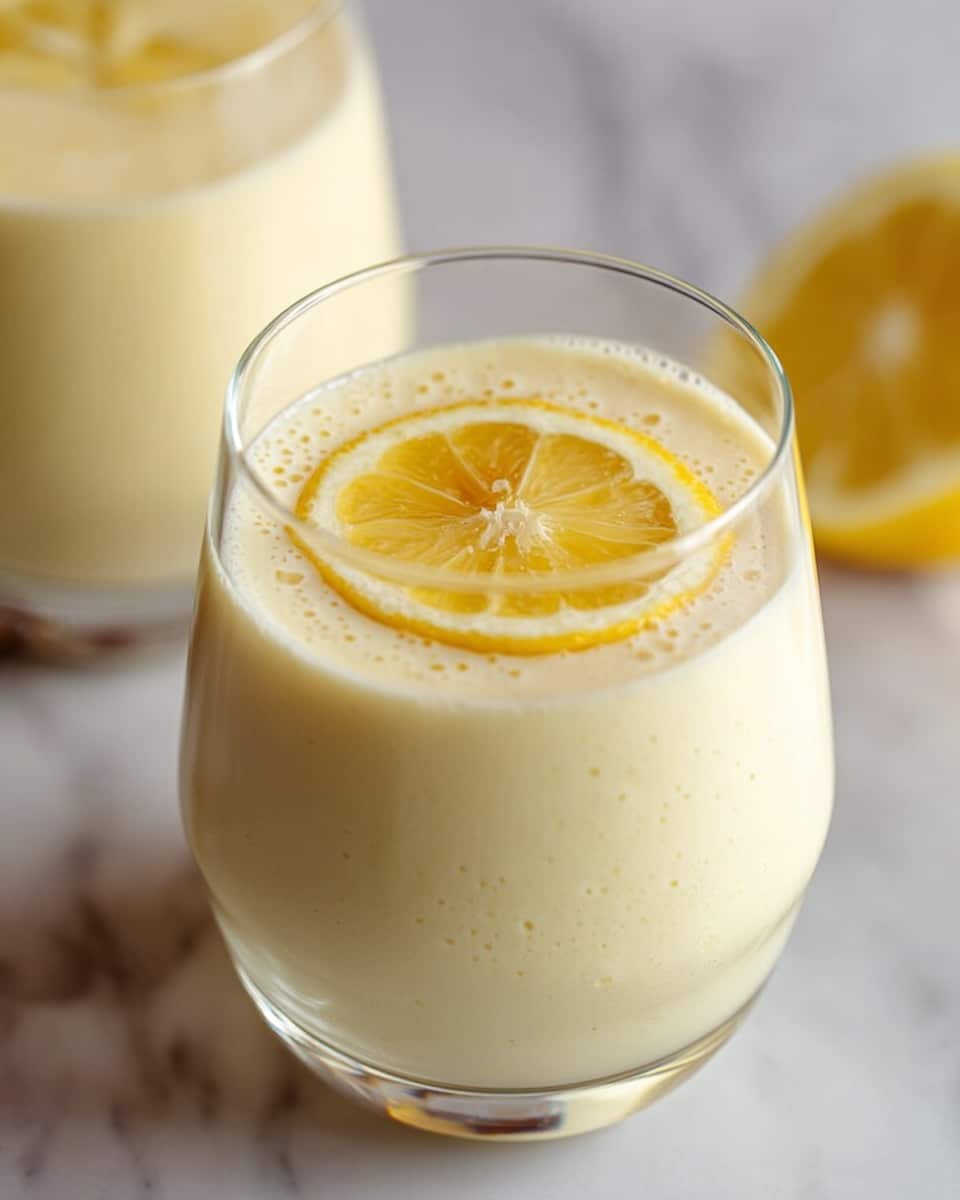 The image shows a glass filled with a creamy, pale yellow drink that is smooth with tiny bubbles on the surface. It is topped with two thin, round lemon slices arranged flat on the creamy drink. The glass is clear and stands on a white marbled surface with another similar glass slightly blurred in the background. The overall look is fresh and inviting. photo taken with an iphone --ar 4:5 --v 7
