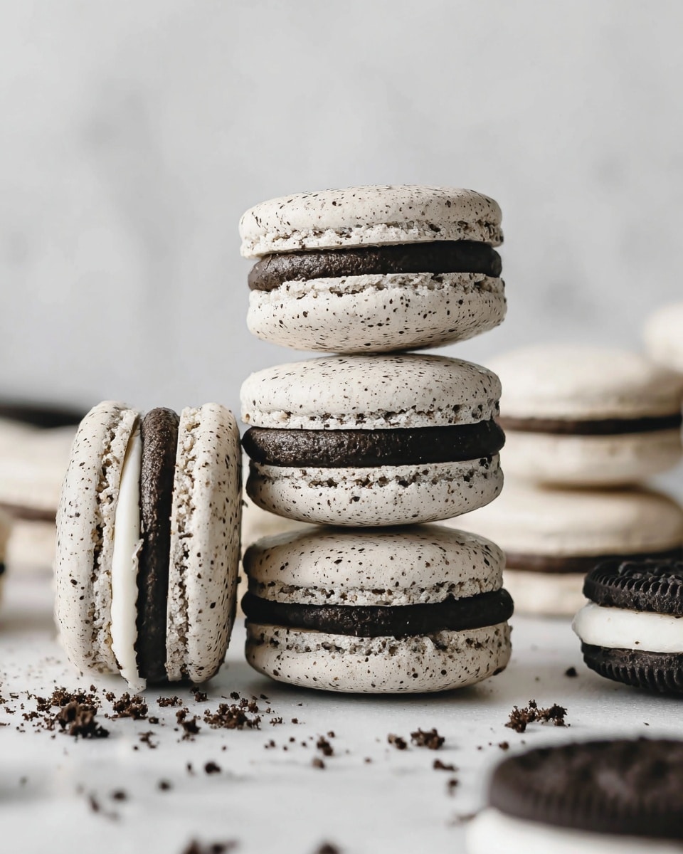 The image shows a close-up of several cookies and cream macarons and sandwich cookies arranged on a white marbled surface. In the center, there is a stack of three macarons, each having two light grayish white shells speckled with tiny black dots, sandwiching a thick dark chocolate cream filling. On the left, one macaron leans against the stack, showing the same two-tone layers. To the right, there are three sandwich cookies with two dark chocolate wafers holding white cream in the middle. Crumbs of dark cookie bits are scattered around the base, adding texture and detail. The background is soft and blurred in white tones. photo taken with an iphone --ar 4:5 --v 7