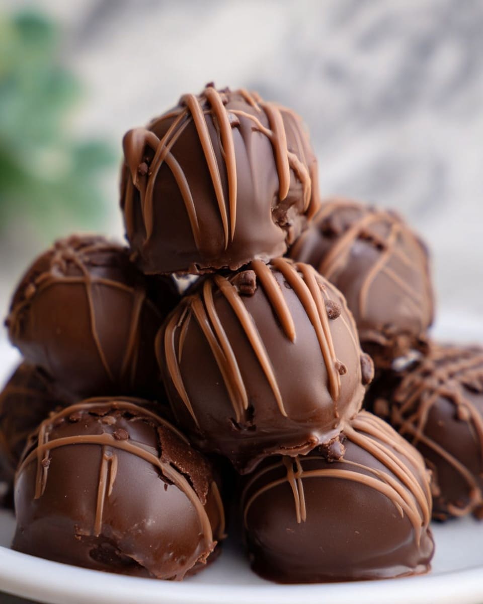 A close-up view of several round chocolate truffles stacked together on a white plate, each truffle covered in smooth dark brown chocolate with a shiny texture. Over the top of each truffle, there are thin, irregular drizzles of lighter brown chocolate that create a textured contrast. The truffles have a slightly glossy finish, with the drizzle lines crossing over the rounded surfaces in random patterns. The background shows a soft focus of a white marbled surface with a blurred green hint in the distance, emphasizing the rich details on the chocolates. photo taken with an iphone --ar 4:5 --v 7