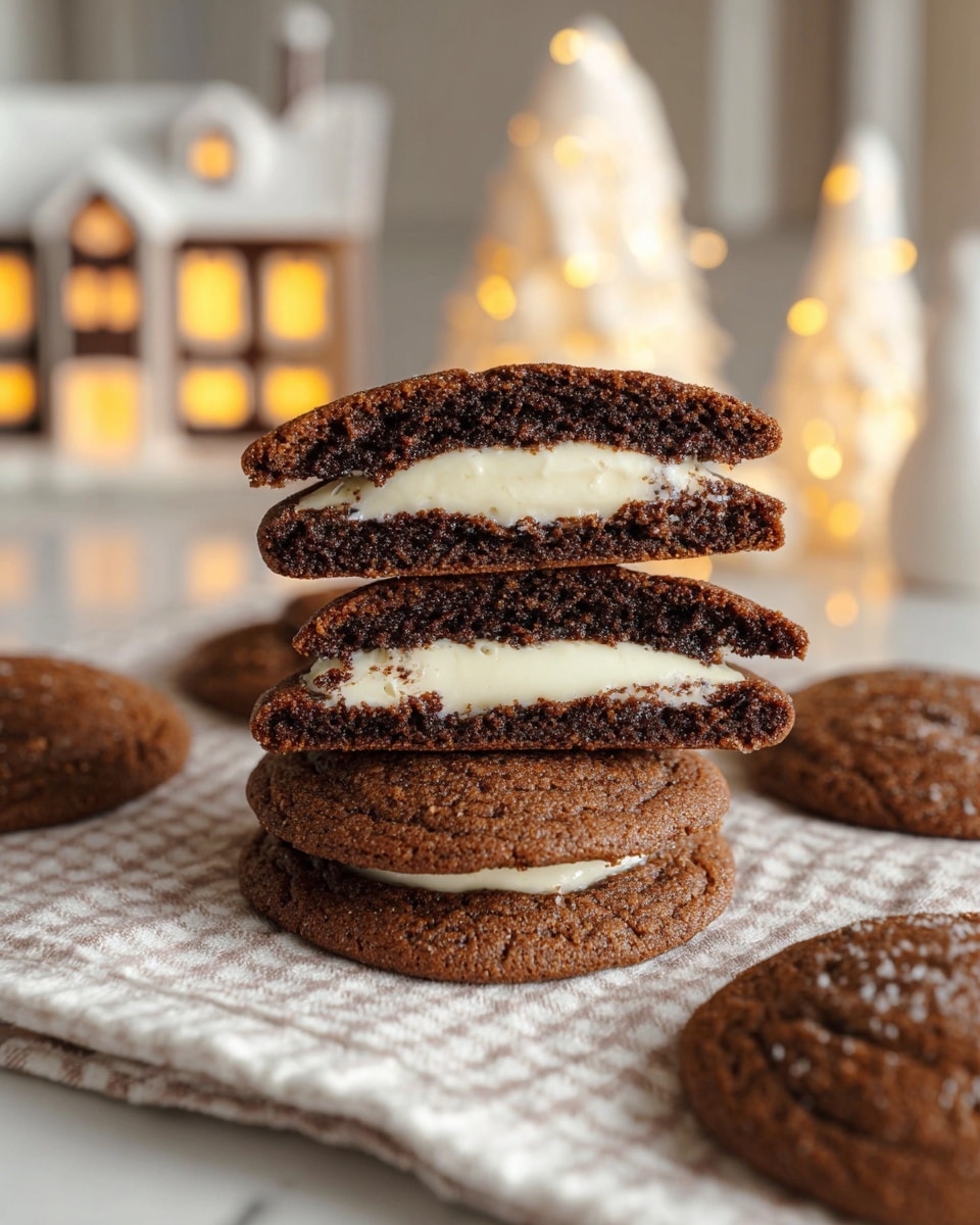 A stack of four chocolate cookies is cut in half and arranged one on top of another, showing their thick, gooey white cream layers in the center. Each cookie has a rich, dark brown exterior with a slightly crumbly texture and the smooth white filling contrasts sharply inside. The cookies rest on a light-colored checkered cloth, with whole cookies slightly blurred in the foreground and background. There are soft warm lights shaped like a white tree and a white house with small lit windows in the background, all set on a white marbled surface. photo taken with an iphone --ar 4:5 --v 7