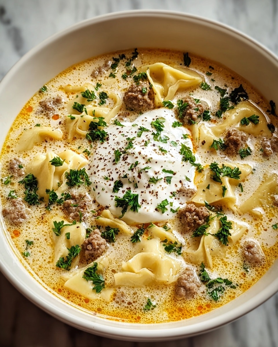 A white bowl filled with creamy soup showing multiple layers and elements: the base is a light yellow creamy broth with orange oil spots, floating throughout are pale yellow pasta pieces shaped like small, folded squares, and browned ground meat chunks scattered evenly around the bowl. On top of this sits a dollop of smooth, white sour cream or yogurt, sprinkled with black pepper and small chopped green parsley leaves. More parsley pieces are sprinkled over the soup's surface, adding a fresh green color contrast. The bowl rests on a white marbled surface. photo taken with an iphone --ar 4:5 --v 7